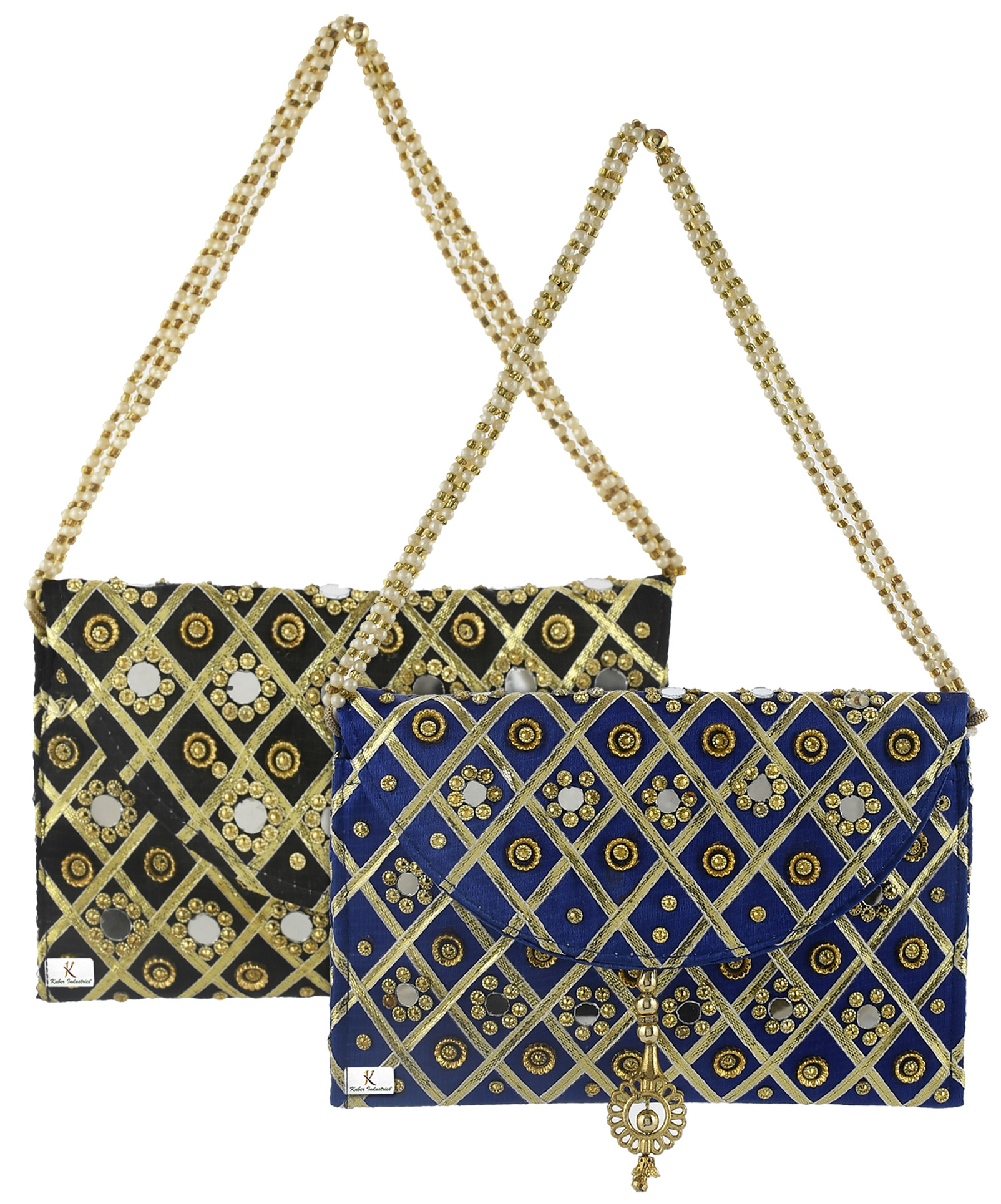 Kuber Industries 2 Pieces Silk Traditional Mirror Work Envelope Clutch/Hand Purse Bag For Women/Girls (Blue & Black)-KUBMRT11471