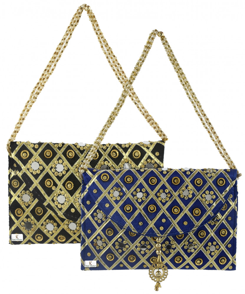 Kuber Industries 2 Pieces Silk Traditional Mirror Work Envelope Clutch/Hand Purse Bag For Women/Girls (Blue &amp; Black)-KUBMRT11471