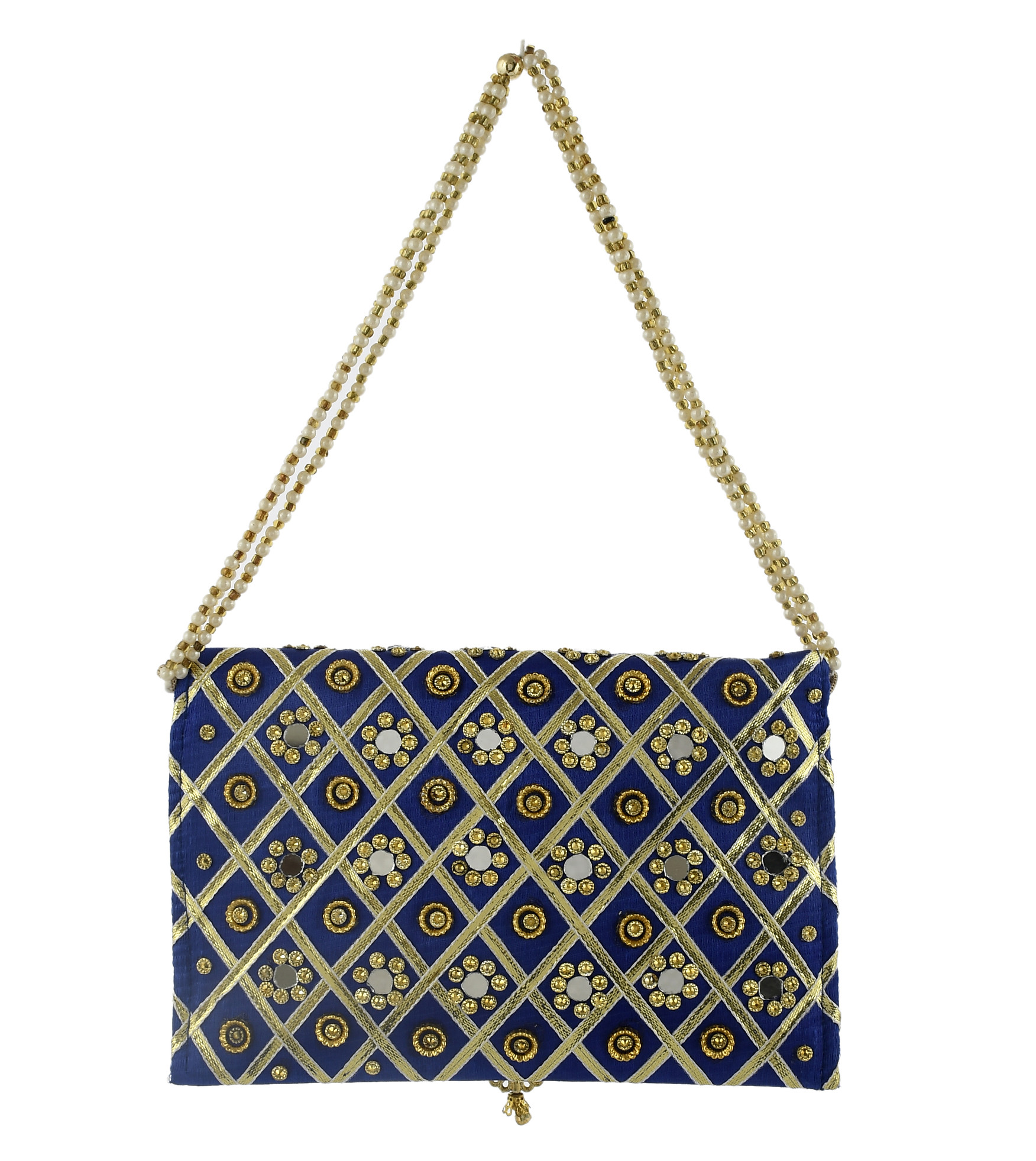 Kuber Industries 2 Pieces Silk Traditional Mirror Work Envelope Clutch/Hand Purse Bag For Women/Girls (Blue & Black)-KUBMRT11471