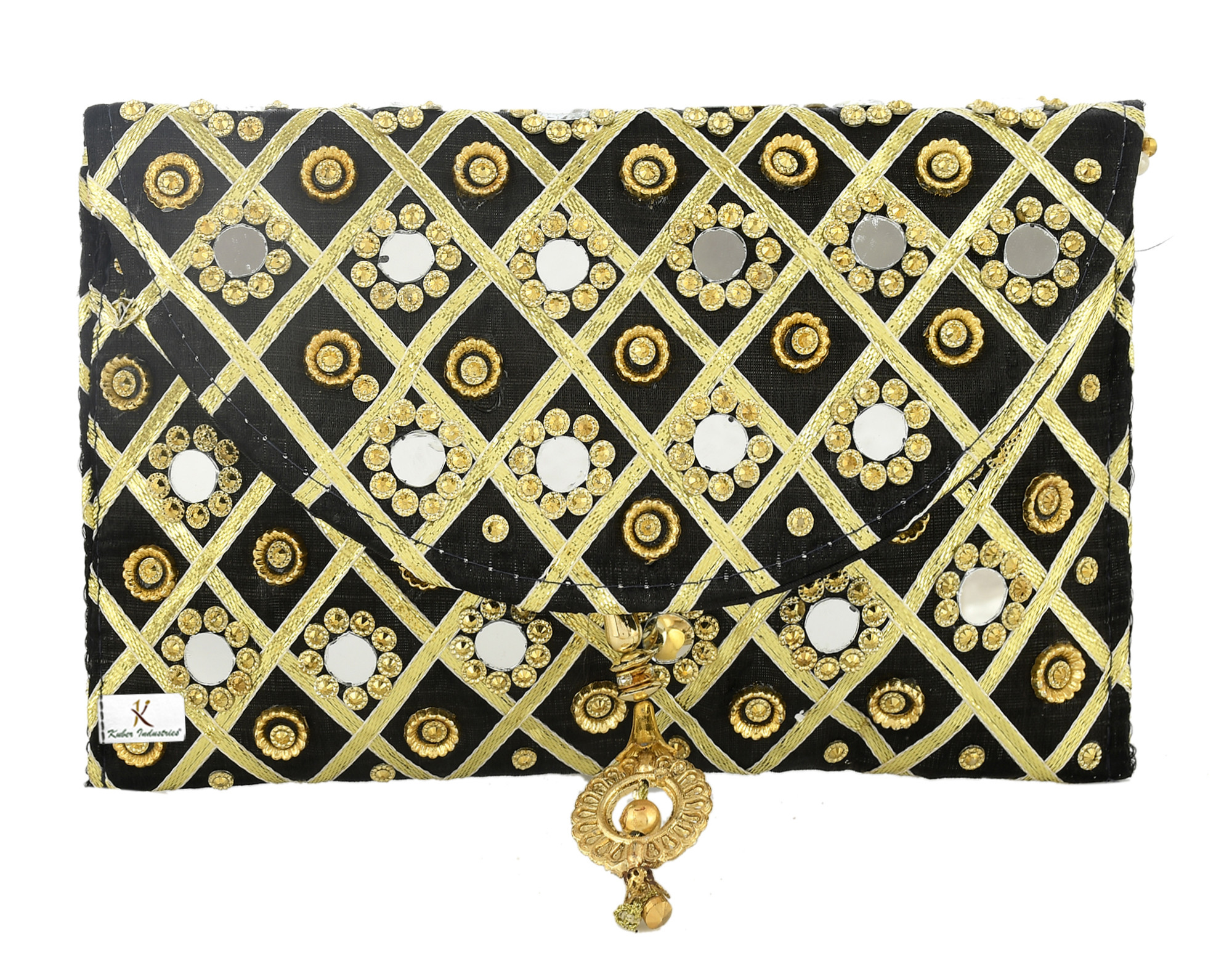 Kuber Industries 2 Pieces Silk Traditional Mirror Work Envelope Clutch/Hand Purse Bag For Women/Girls (Blue & Black)-KUBMRT11471