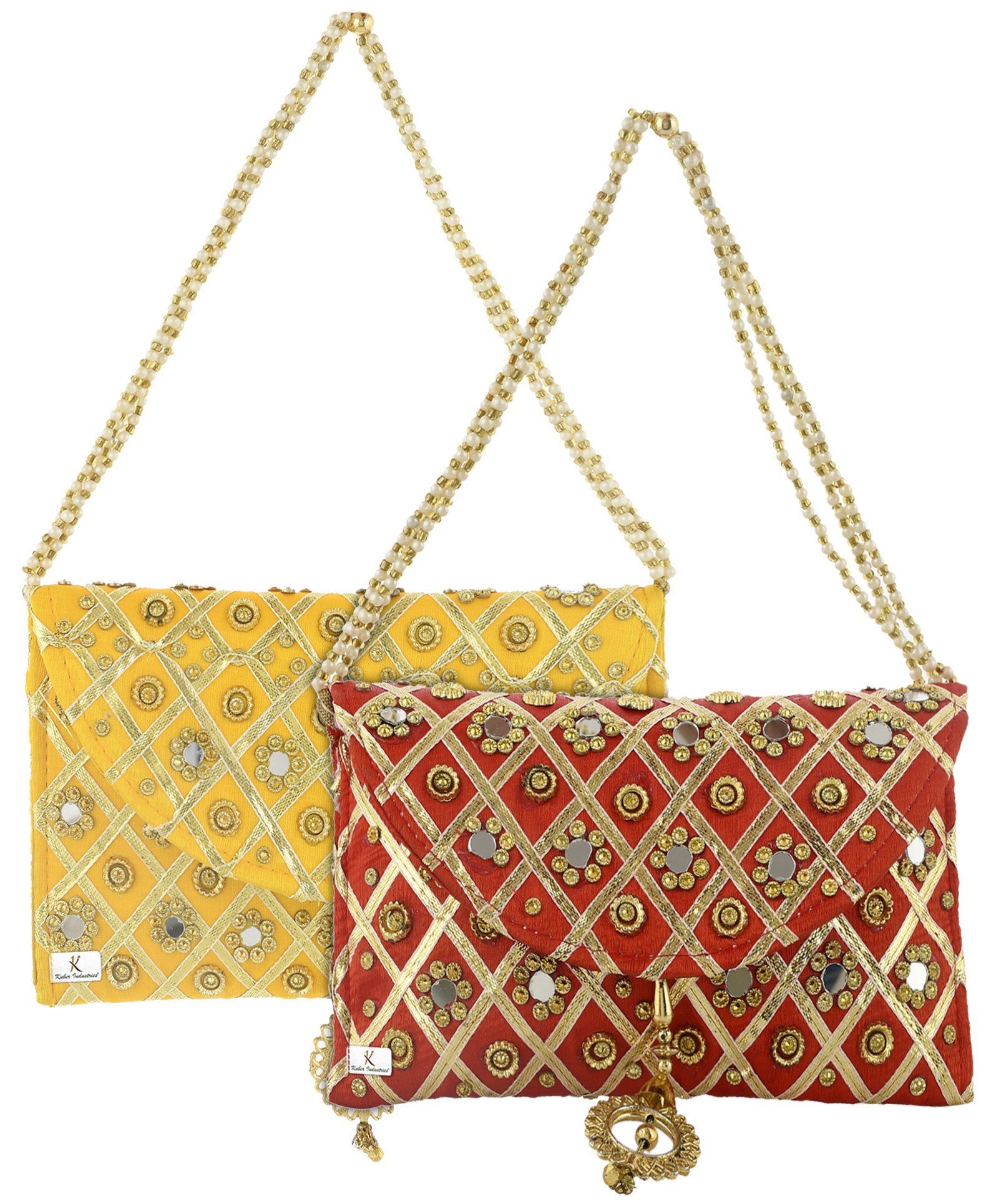 Kuber Industries 2 Pieces Silk Traditional Mirror Work Envelope Clutch/Hand Purse Bag For Women/Girls (Red & Gold)-KUBMRT11473