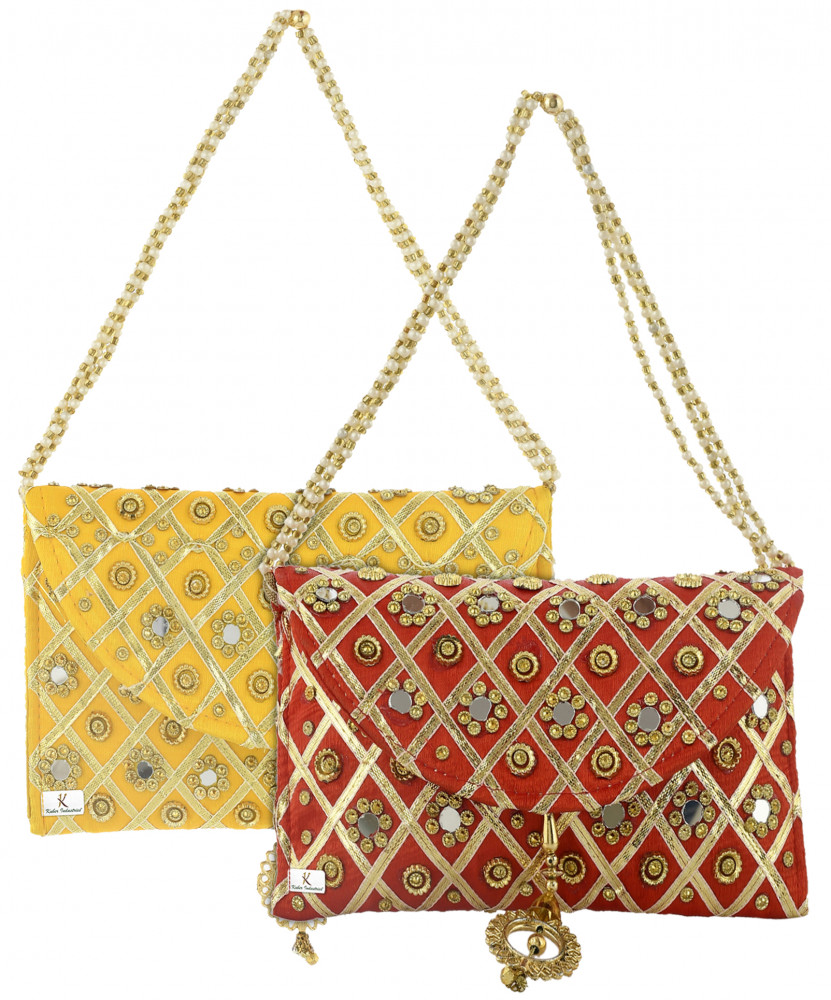Kuber Industries 2 Pieces Silk Traditional Mirror Work Envelope Clutch/Hand Purse Bag For Women/Girls (Red &amp; Gold)-KUBMRT11473