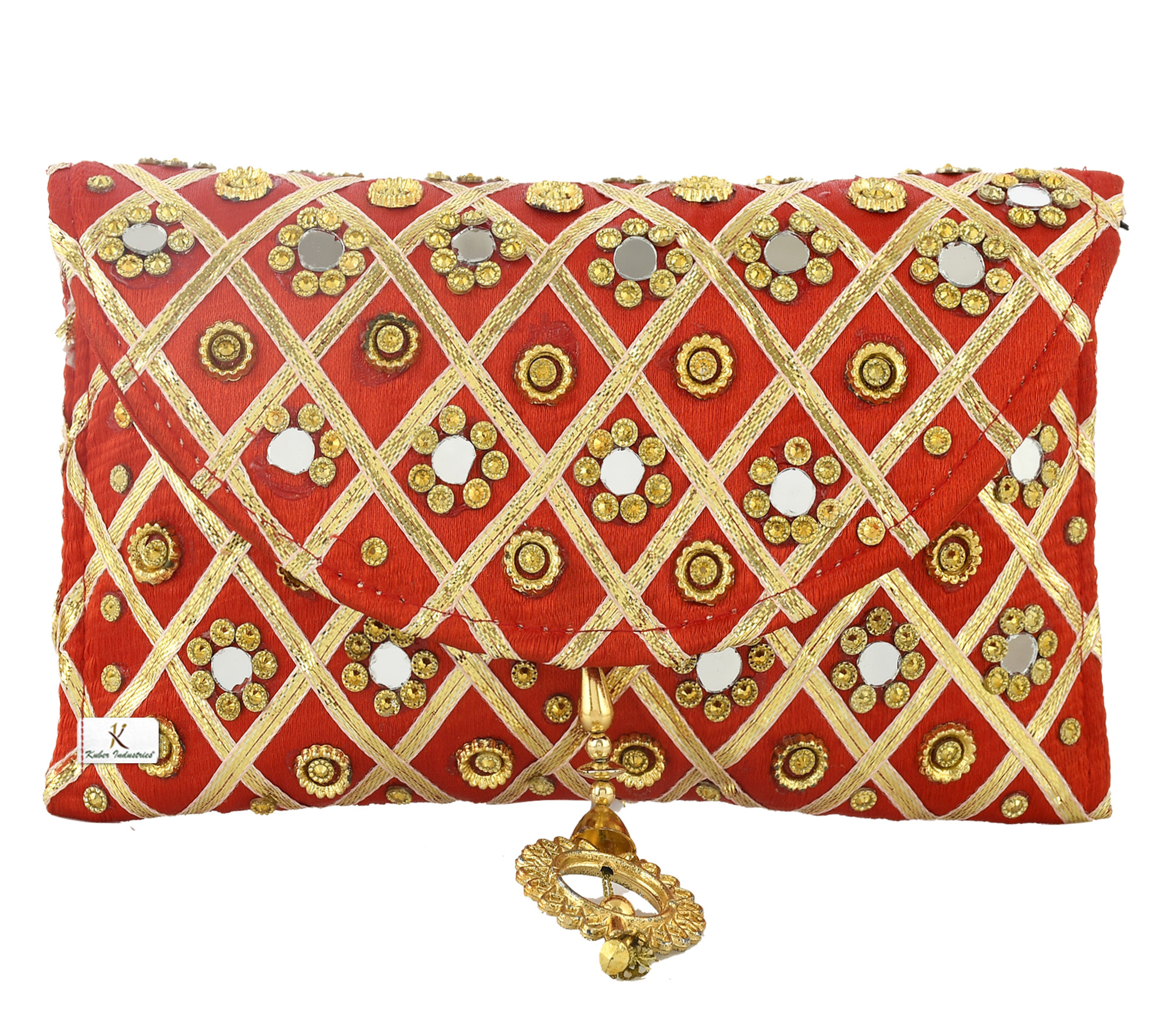 Kuber Industries 2 Pieces Silk Traditional Mirror Work Envelope Clutch/Hand Purse Bag For Women/Girls (Red & Gold)-KUBMRT11473