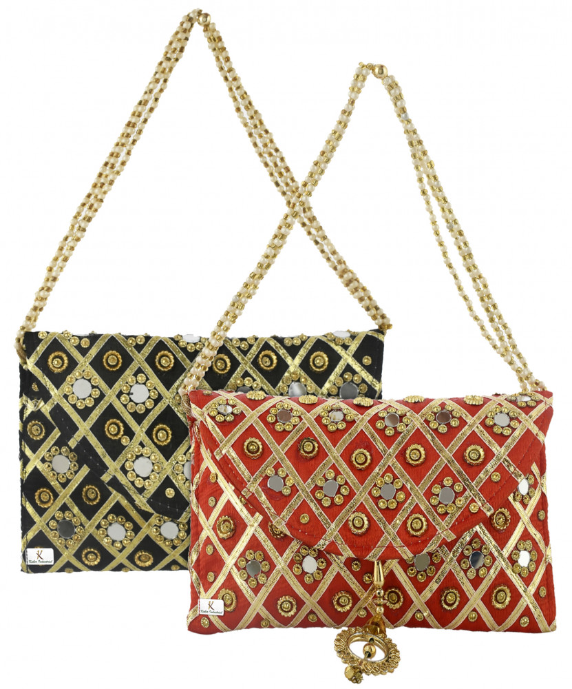 Kuber Industries 2 Pieces Silk Traditional Mirror Work Envelope Clutch/Hand Purse Bag For Women/Girls (Red &amp; Black)-KUBMRT11475