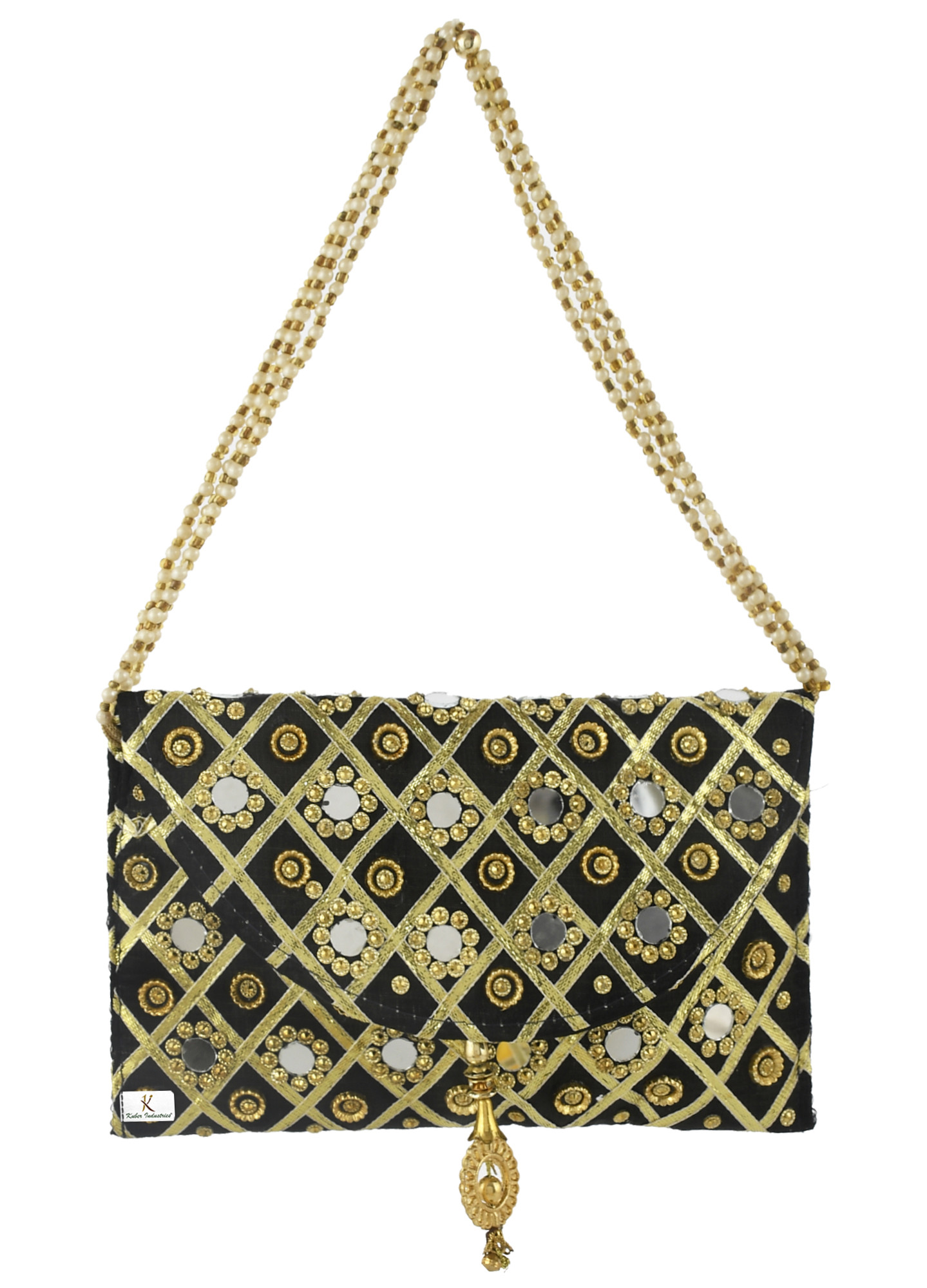 Kuber Industries 2 Pieces Silk Traditional Mirror Work Envelope Clutch/Hand Purse Bag For Women/Girls (Gold & Black)-KUBMRT11477