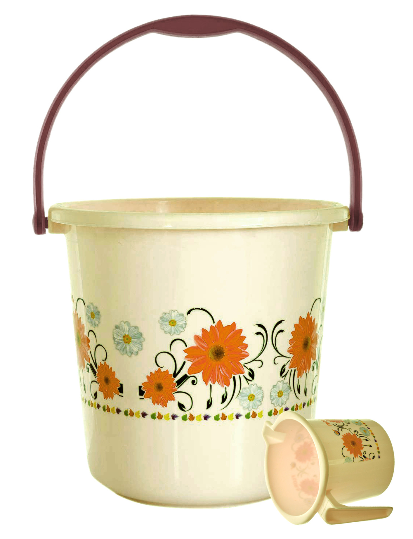 Kuber Industries 2 Pieces Unbreakable Virgin Plastic Bathroom Bucket With Mug Set- Cream, (1 Pc 18 LTR Bucket & 1 Pc 1 LTR Mug)-KUBMART1268