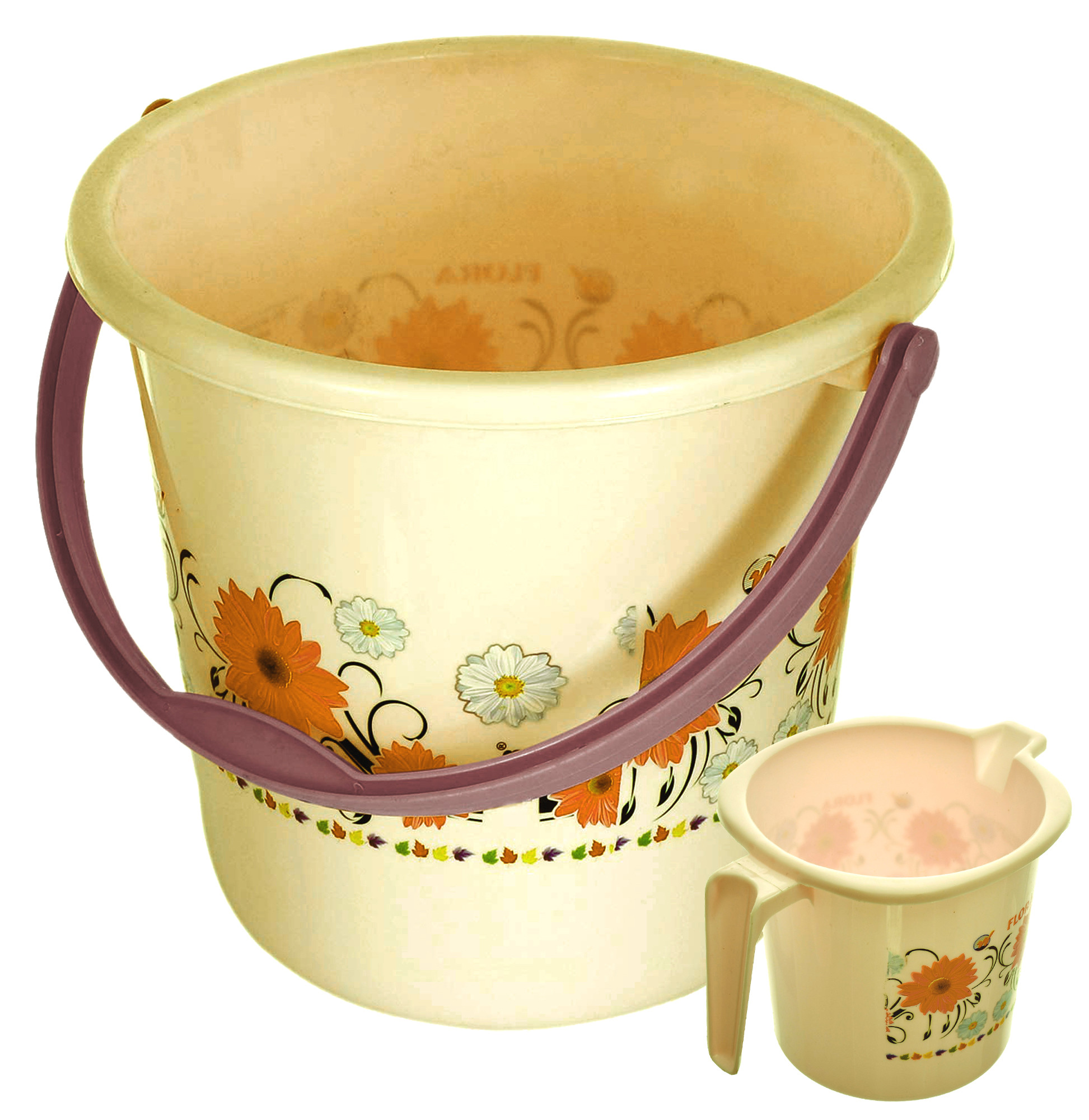 Kuber Industries 2 Pieces Unbreakable Virgin Plastic Bathroom Bucket With Mug Set- Cream, (1 Pc 18 LTR Bucket & 1 Pc 1 LTR Mug)-KUBMART1270