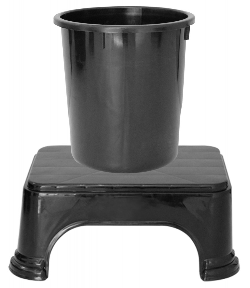Kuber Industries 2 Pieces Unbreakable Virgin Plastic Multipurpose Bathroom Dustbin &amp; Stool Set (Black)