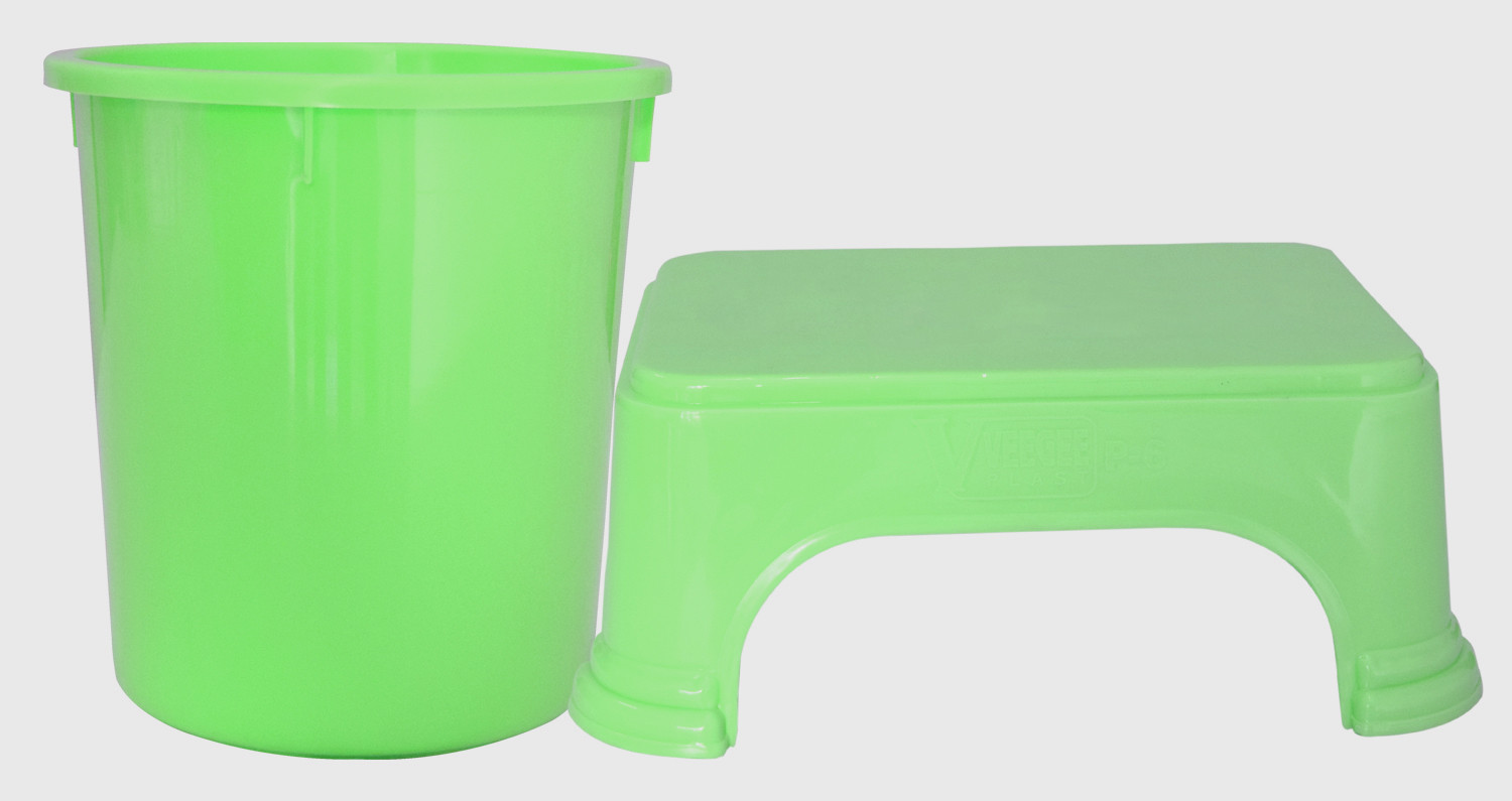 Kuber Industries 2 Pieces Unbreakable Virgin Plastic Multipurpose Bathroom Dustbin & Stool Set (Green)