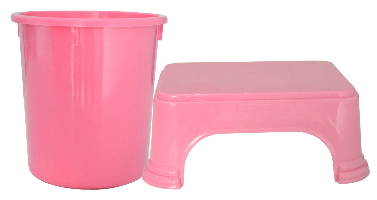 Kuber Industries 2 Pieces Unbreakable Virgin Plastic Multipurpose Bathroom Dustbin & Stool Set (Pink)