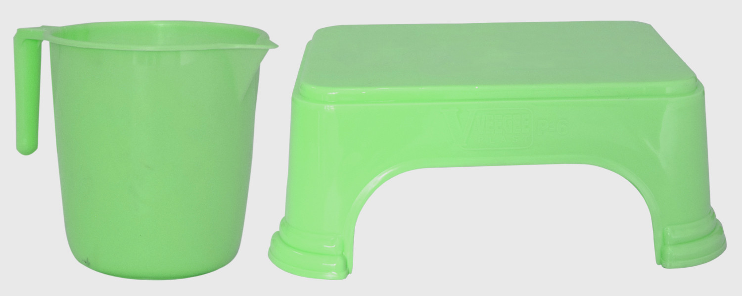 Kuber Industries 2 Pieces Unbreakable Virgin Plastic Multipurpose Bathroom Stool & Mug Set (Green)