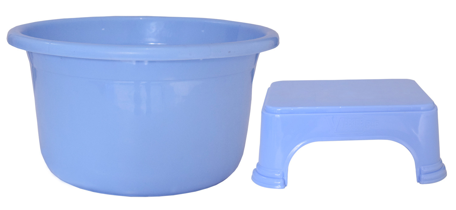 Kuber Industries 2 Pieces Unbreakable Virgin Plastic Multipurpose Bathroom Tub & Stool Set (Blue)