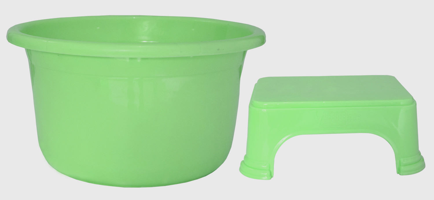 Kuber Industries 2 Pieces Unbreakable Virgin Plastic Multipurpose Bathroom Tub & Stool Set (Green)