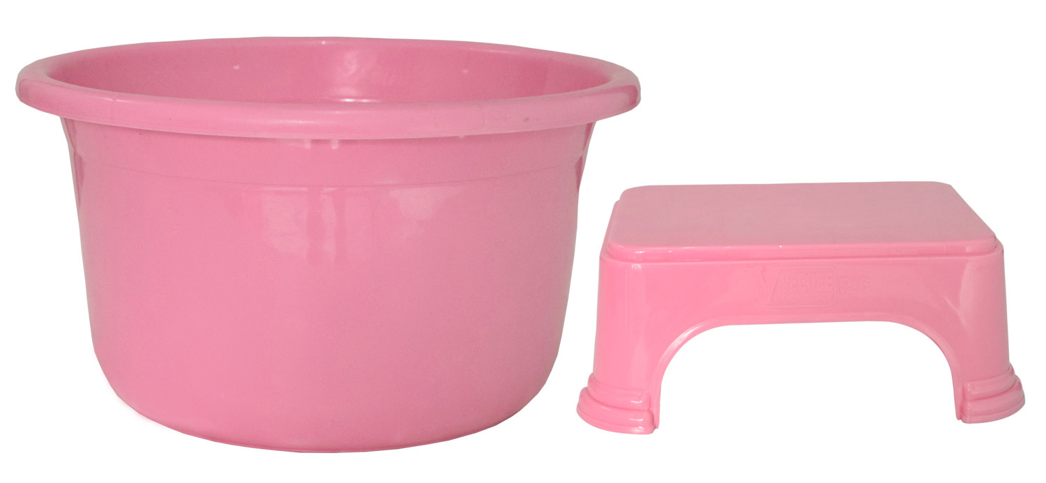 Kuber Industries 2 Pieces Unbreakable Virgin Plastic Multipurpose Bathroom Tub & Stool Set (Pink)