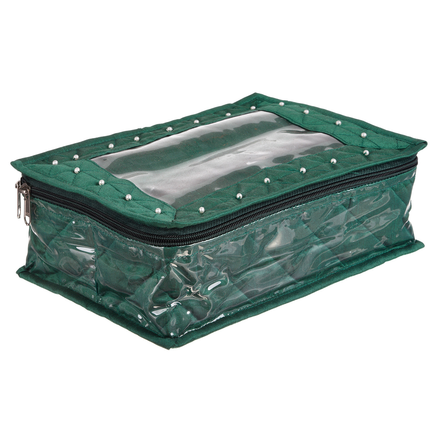Kuber Industries 2 Roll Bangle Box | Dupin Silk Chudi Set Organizer for woman | Beads Border Watches Storage Box with Transparent Top | Green
