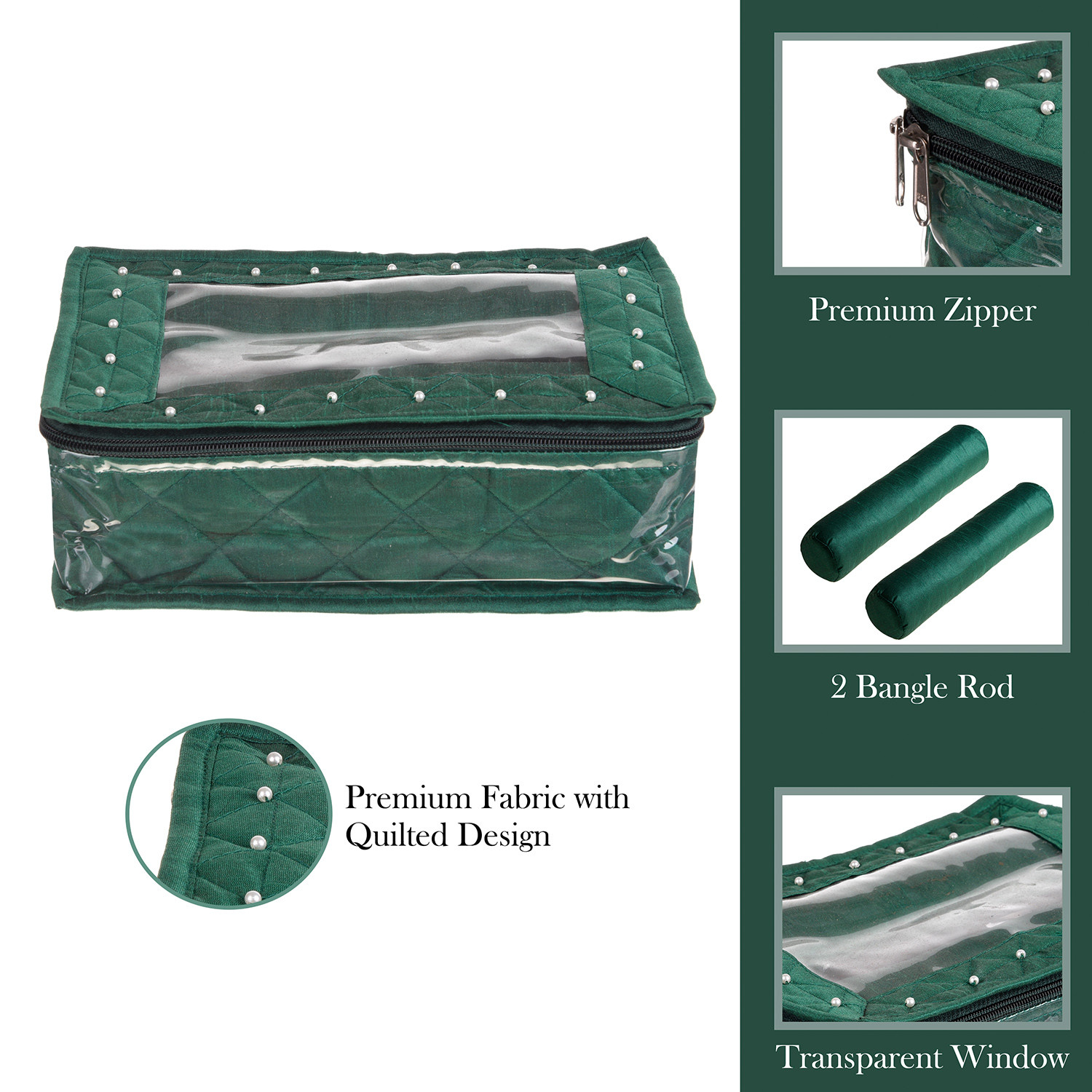 Kuber Industries 2 Roll Bangle Box | Dupin Silk Chudi Set Organizer for woman | Beads Border Watches Storage Box with Transparent Top | Green