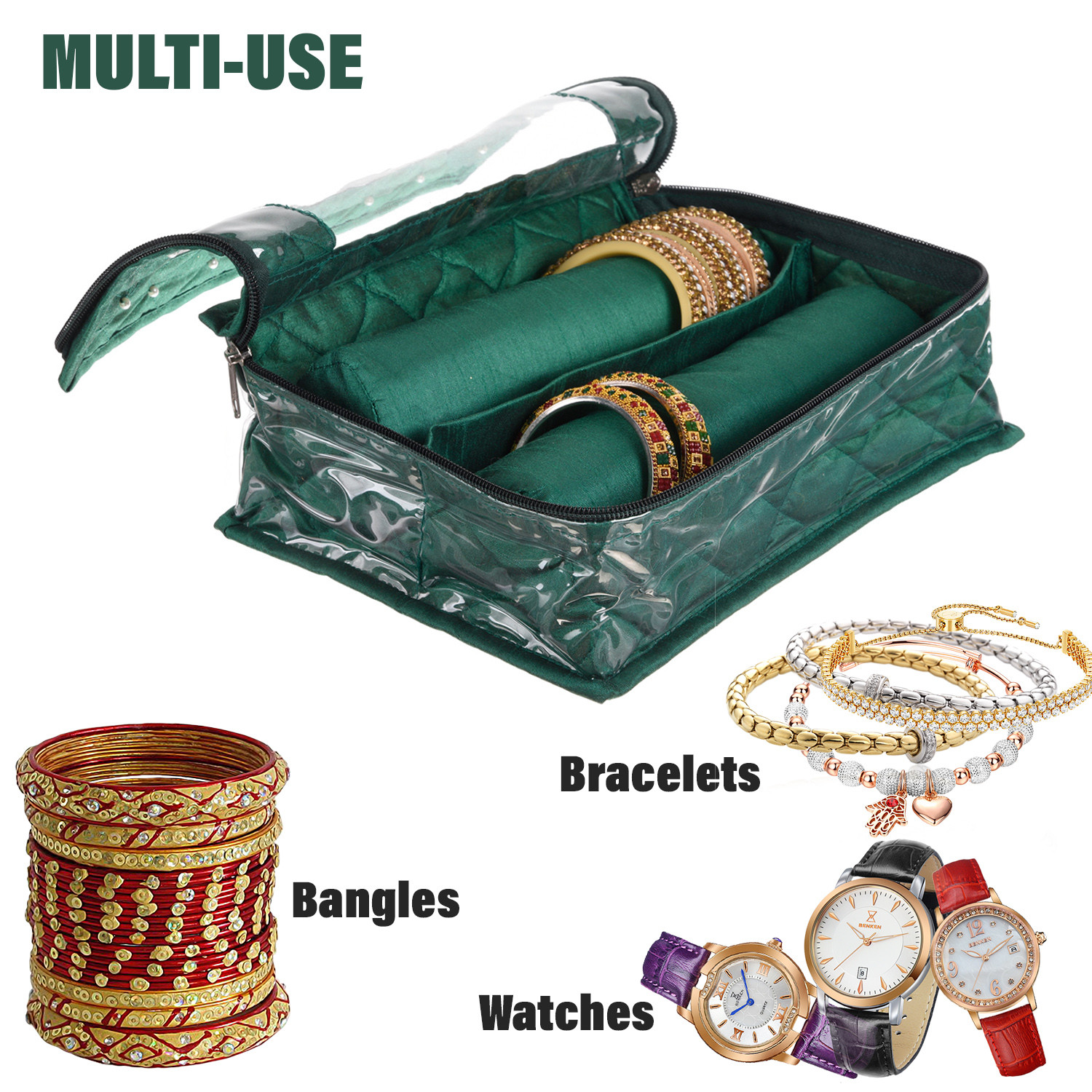 Kuber Industries 2 Roll Bangle Box | Dupin Silk Chudi Set Organizer for woman | Beads Border Watches Storage Box with Transparent Top | Green