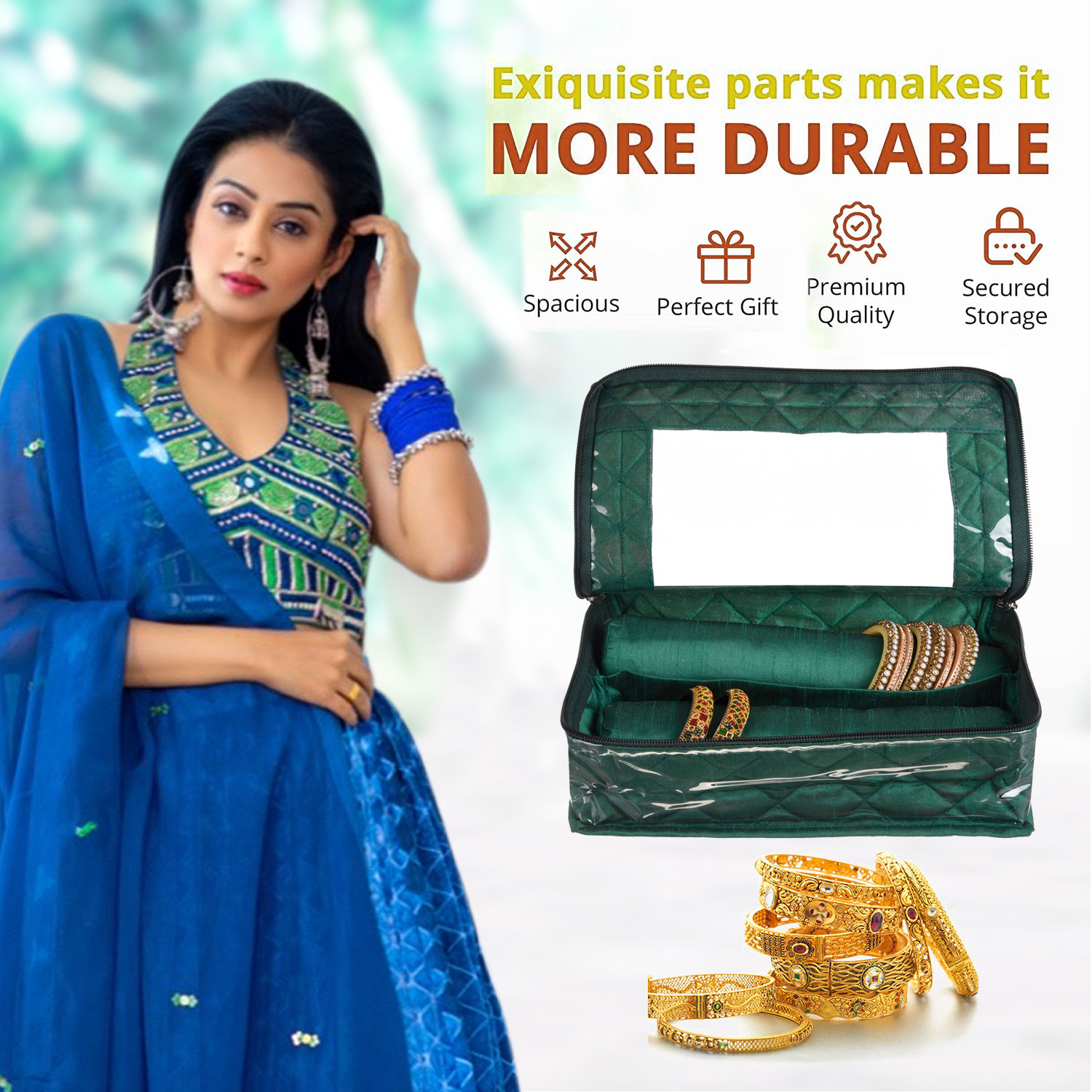 Kuber Industries 2 Roll Bangle Box | Dupin Silk Chudi Set Organizer for woman | Beads Border Watches Storage Box with Transparent Top | Green