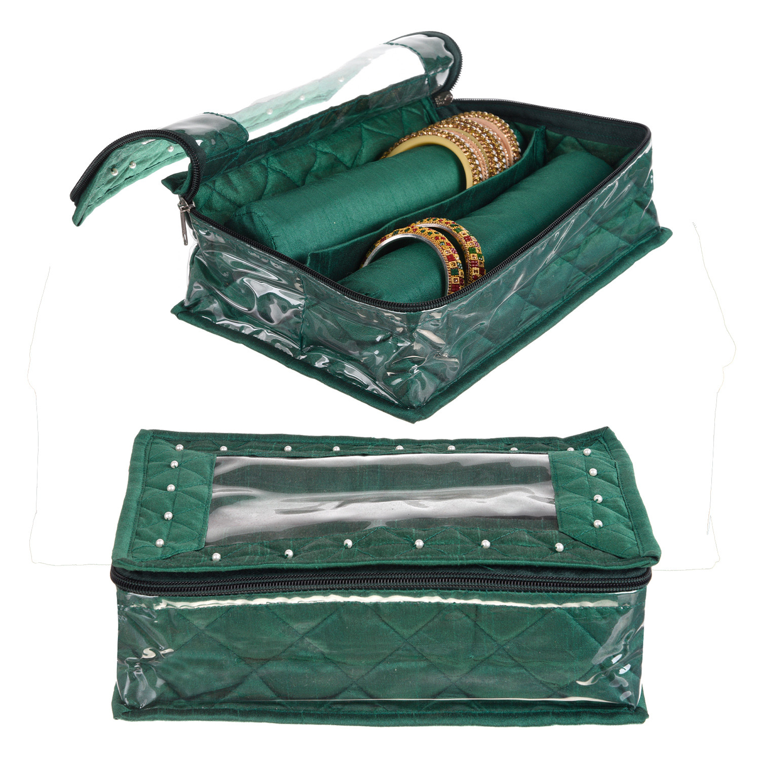 Kuber Industries 2 Roll Bangle Box | Dupin Silk Chudi Set Organizer for woman | Beads Border Watches Storage Box with Transparent Top | Green