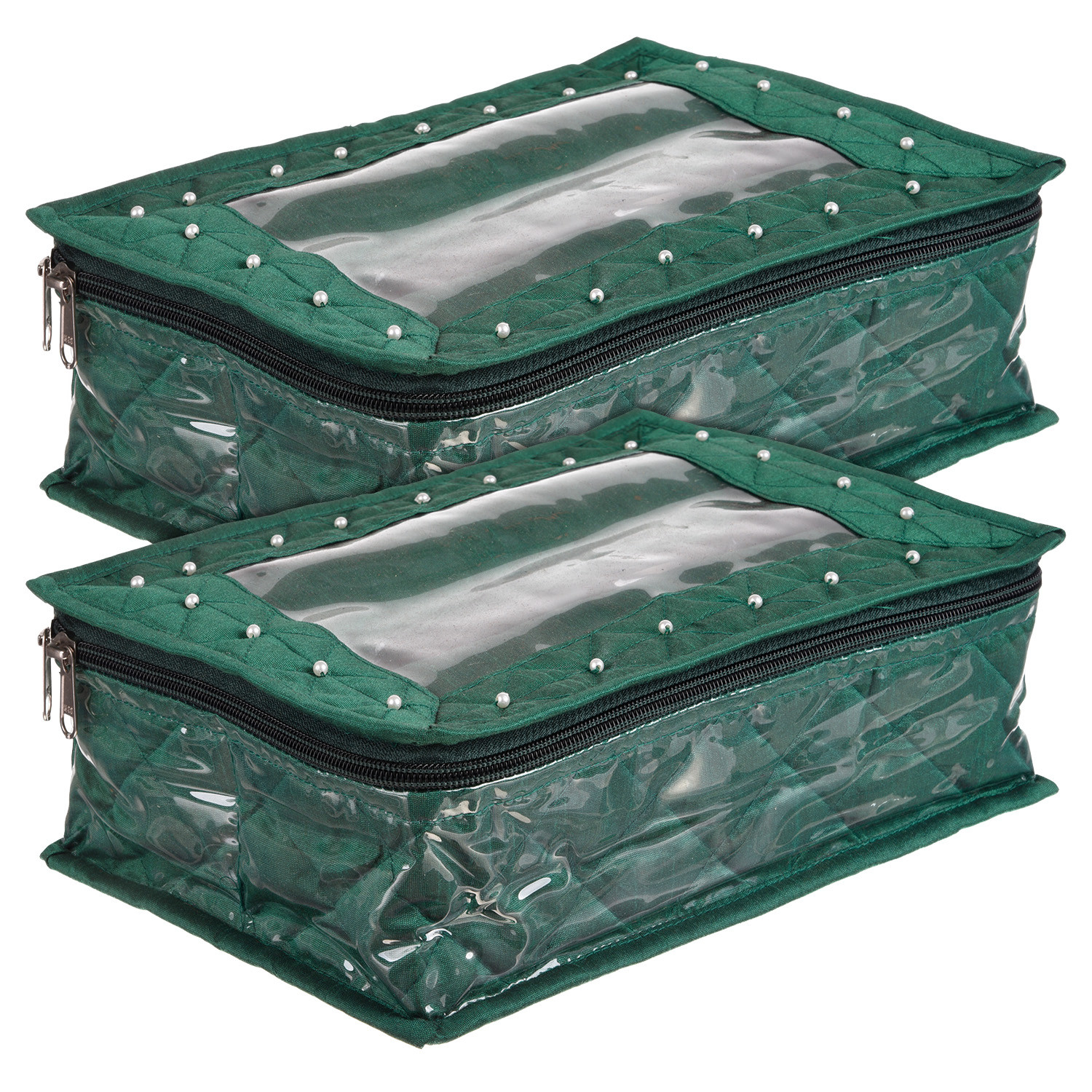 Kuber Industries 2 Roll Bangle Box | Dupin Silk Chudi Set Organizer for woman | Beads Border Watches Storage Box with Transparent Top | Green