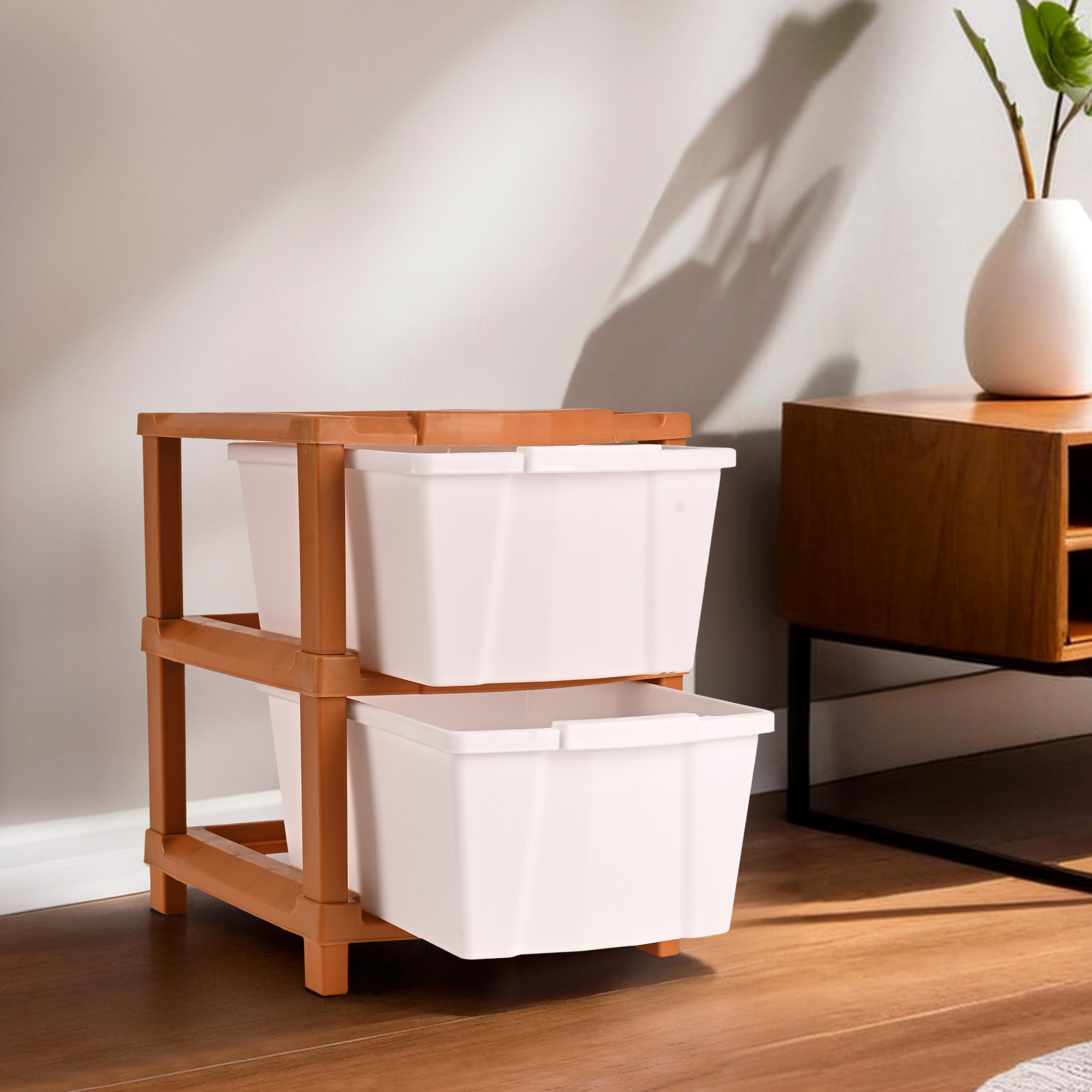 Kuber Industries 2-Tier Collapsible Multipurpose Plastic Drawers Storage Organizer | Durable Cabinets/Storage Rack for Kitchen | Kids Toy Box & Shelf for Home/Office | Brown & White