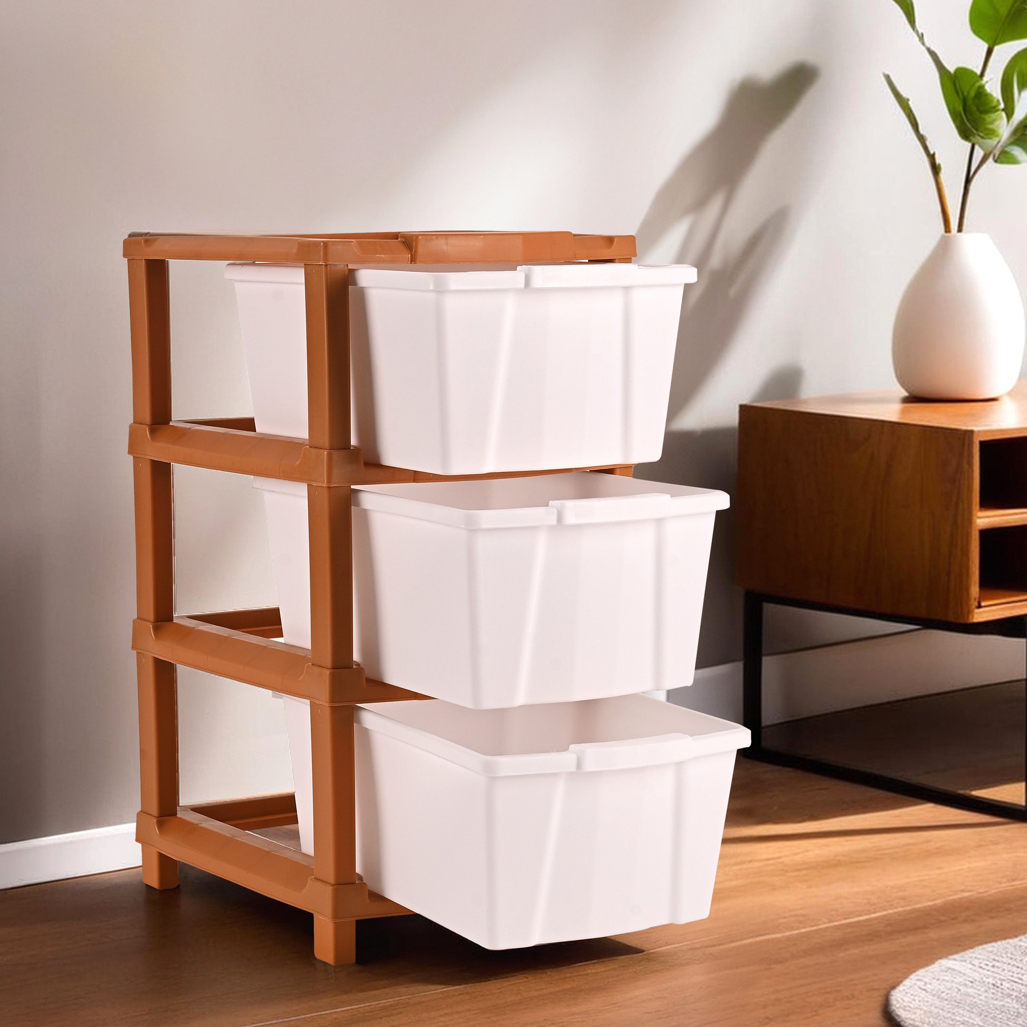Kuber Industries 2-Tier Collapsible Multipurpose Plastic Drawers Storage Organizer | Durable Cabinets/Storage Rack for Kitchen | Kids Toy Box & Shelf for Home/Office | Brown & White
