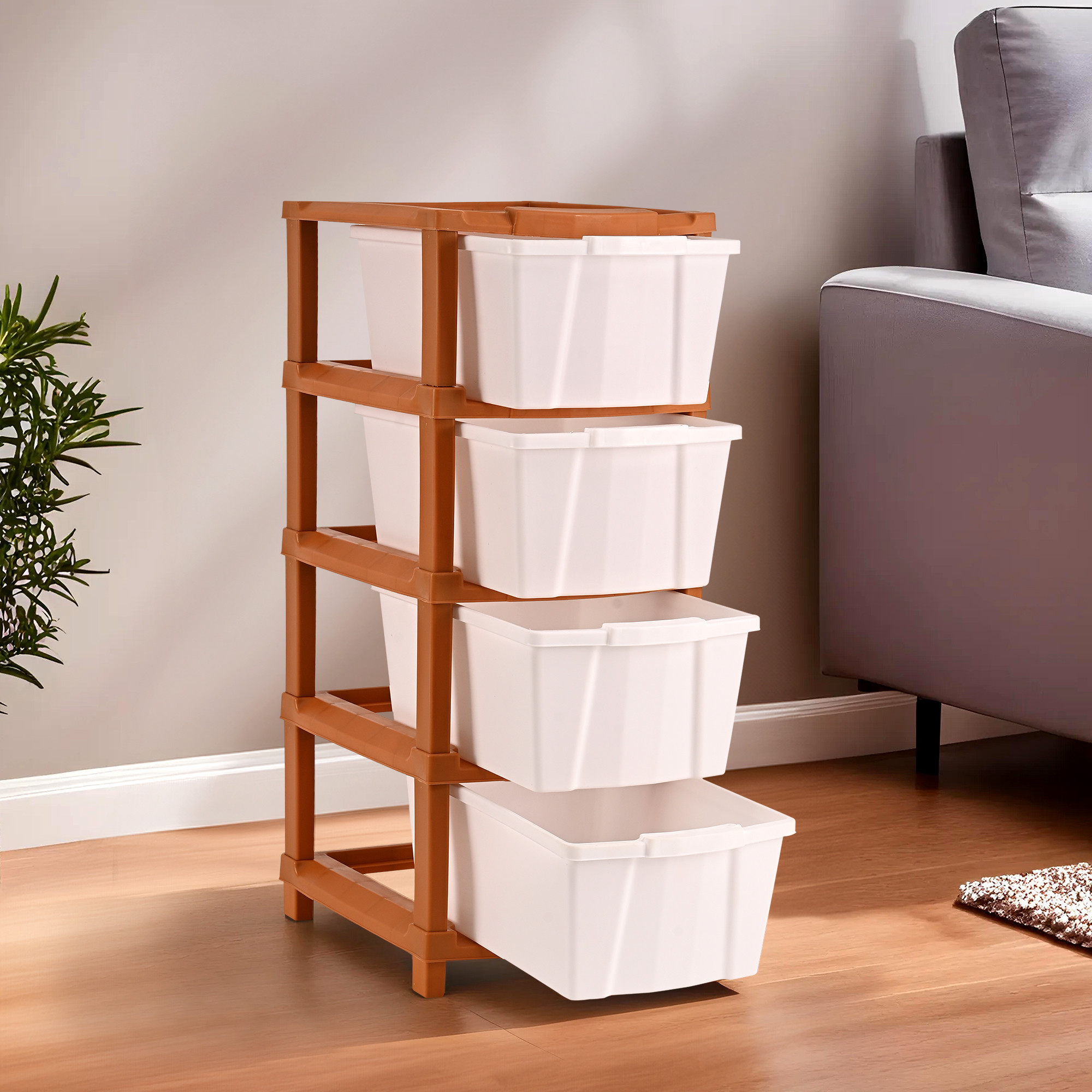 Kuber Industries 2-Tier Collapsible Multipurpose Plastic Drawers Storage Organizer | Durable Cabinets/Storage Rack for Kitchen | Kids Toy Box & Shelf for Home/Office | Brown & White