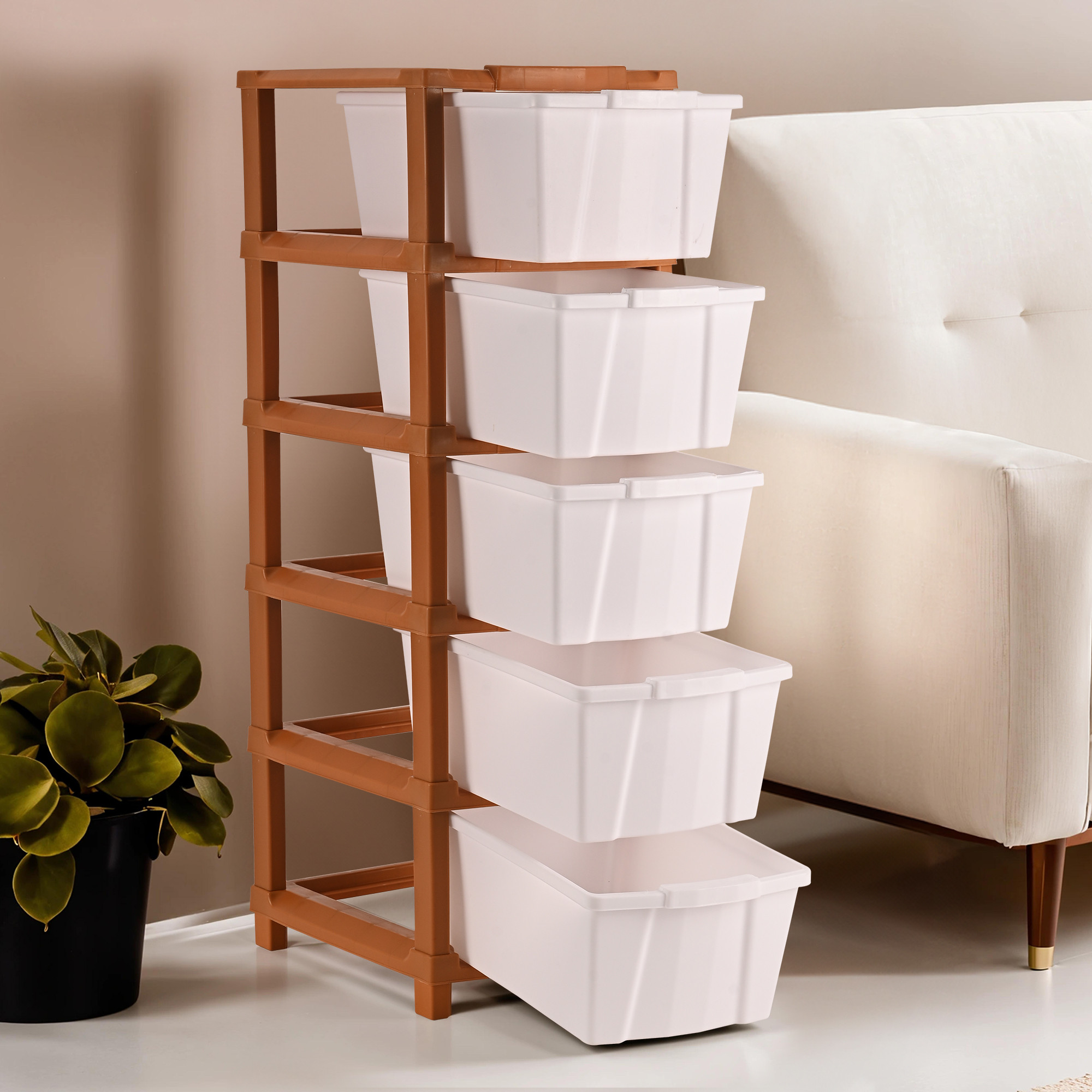 Kuber Industries 2-Tier Collapsible Multipurpose Plastic Drawers Storage Organizer | Durable Cabinets/Storage Rack for Kitchen | Kids Toy Box & Shelf for Home/Office | Brown & White