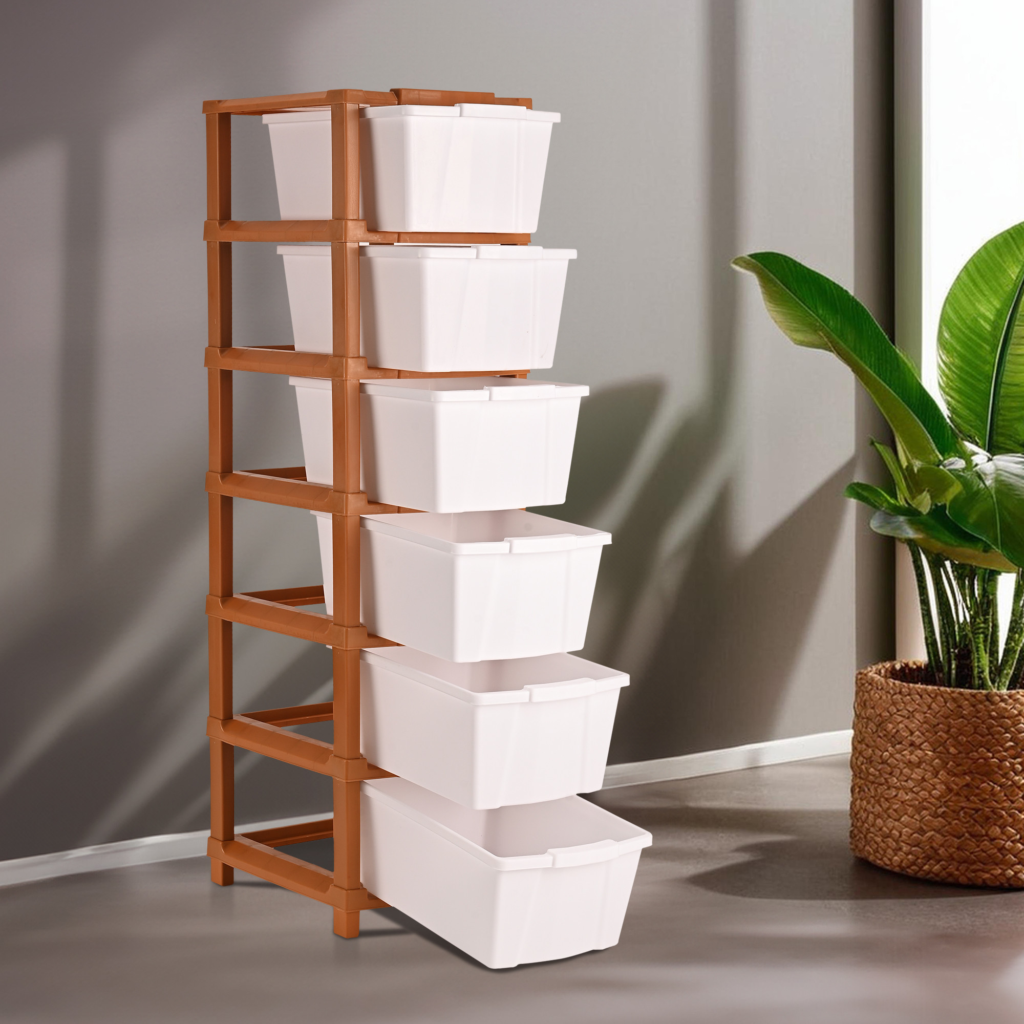 Kuber Industries 2-Tier Collapsible Multipurpose Plastic Drawers Storage Organizer | Durable Cabinets/Storage Rack for Kitchen | Kids Toy Box & Shelf for Home/Office | Brown & White