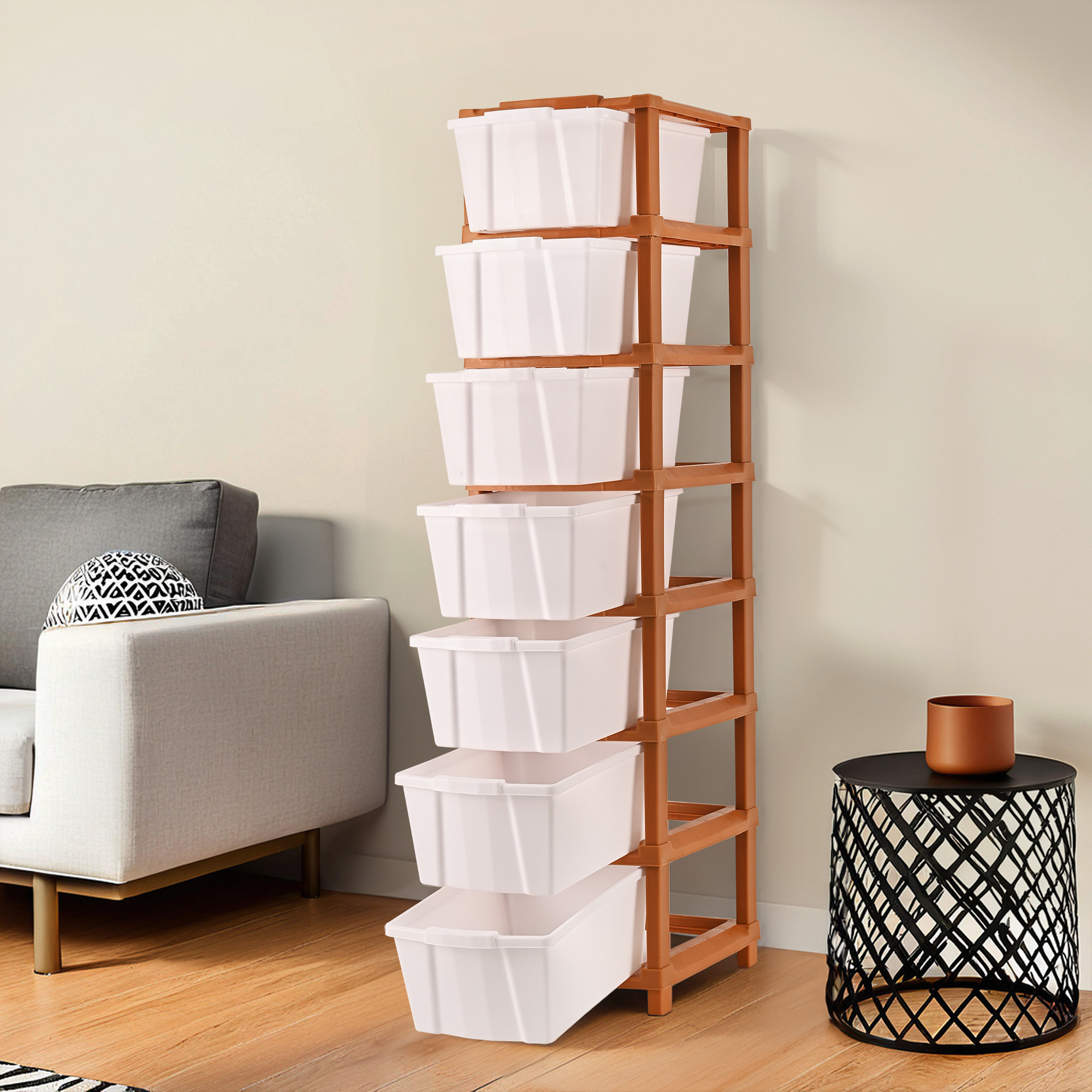 Kuber Industries 2-Tier Collapsible Multipurpose Plastic Drawers Storage Organizer | Durable Cabinets/Storage Rack for Kitchen | Kids Toy Box & Shelf for Home/Office | Brown & White