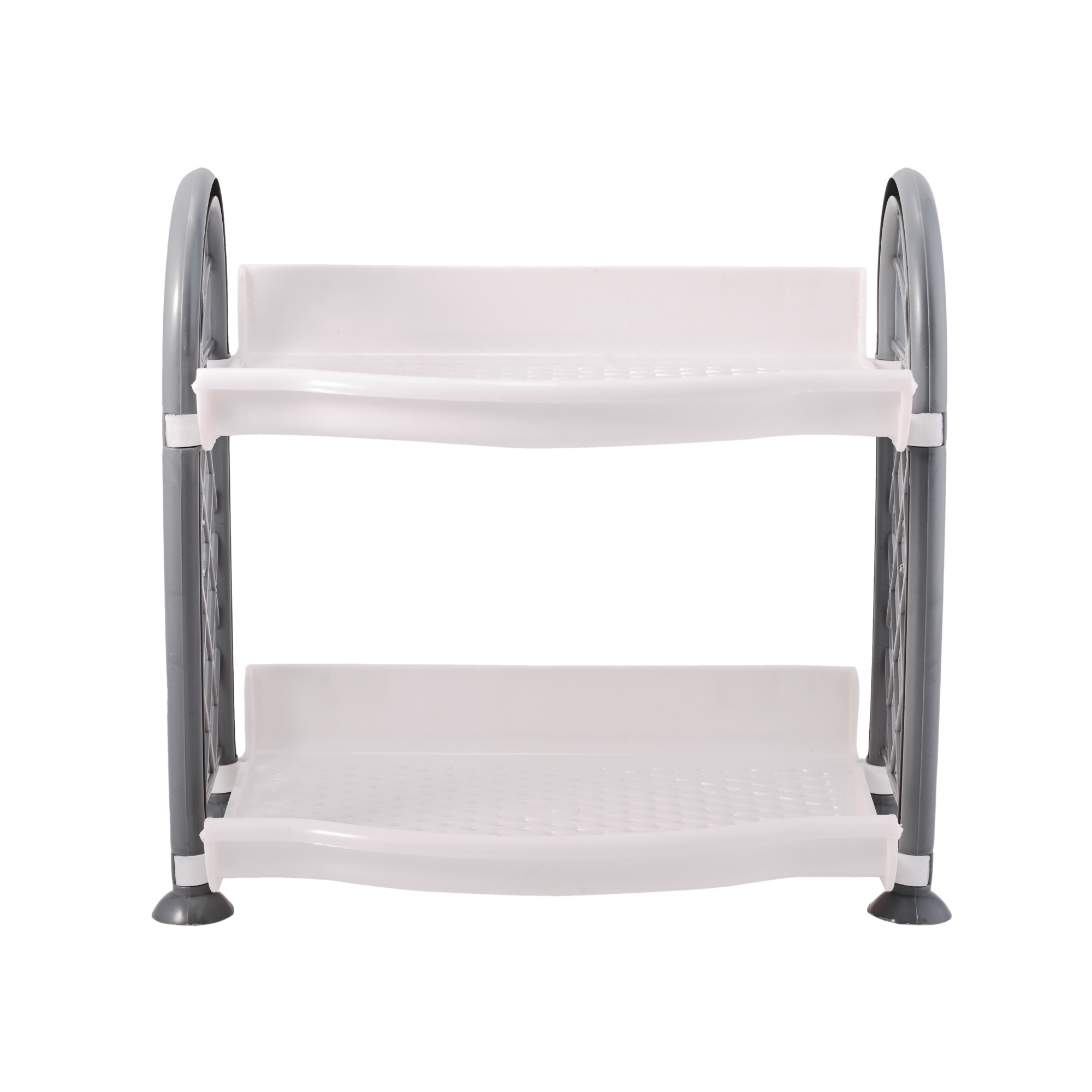 Kuber Industries 2 Tier Collapsible Plastic Racks for Storage  Vegetable Stand  Kitchen Accessories  Perfumes Small Rack for Storage  Home  Store Room Organizer Rack  White  Grey