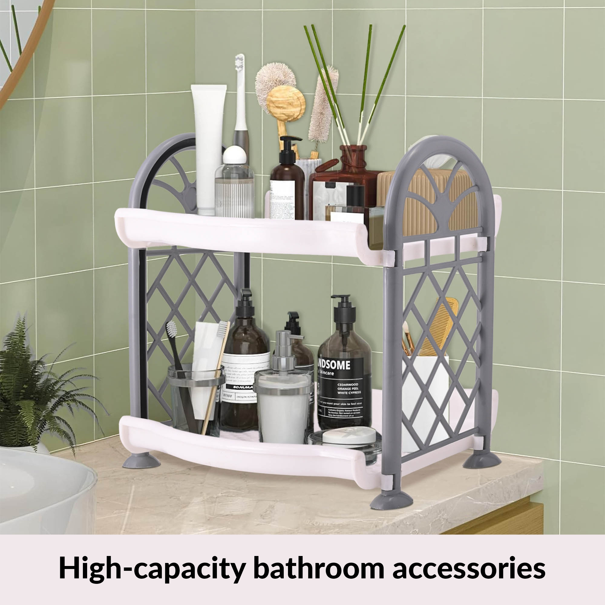 Kuber Industries 2 Tier Collapsible Plastic Racks for Storage  Vegetable Stand  Kitchen Accessories  Perfumes Small Rack for Storage  Home  Store Room Organizer Rack  White  Grey