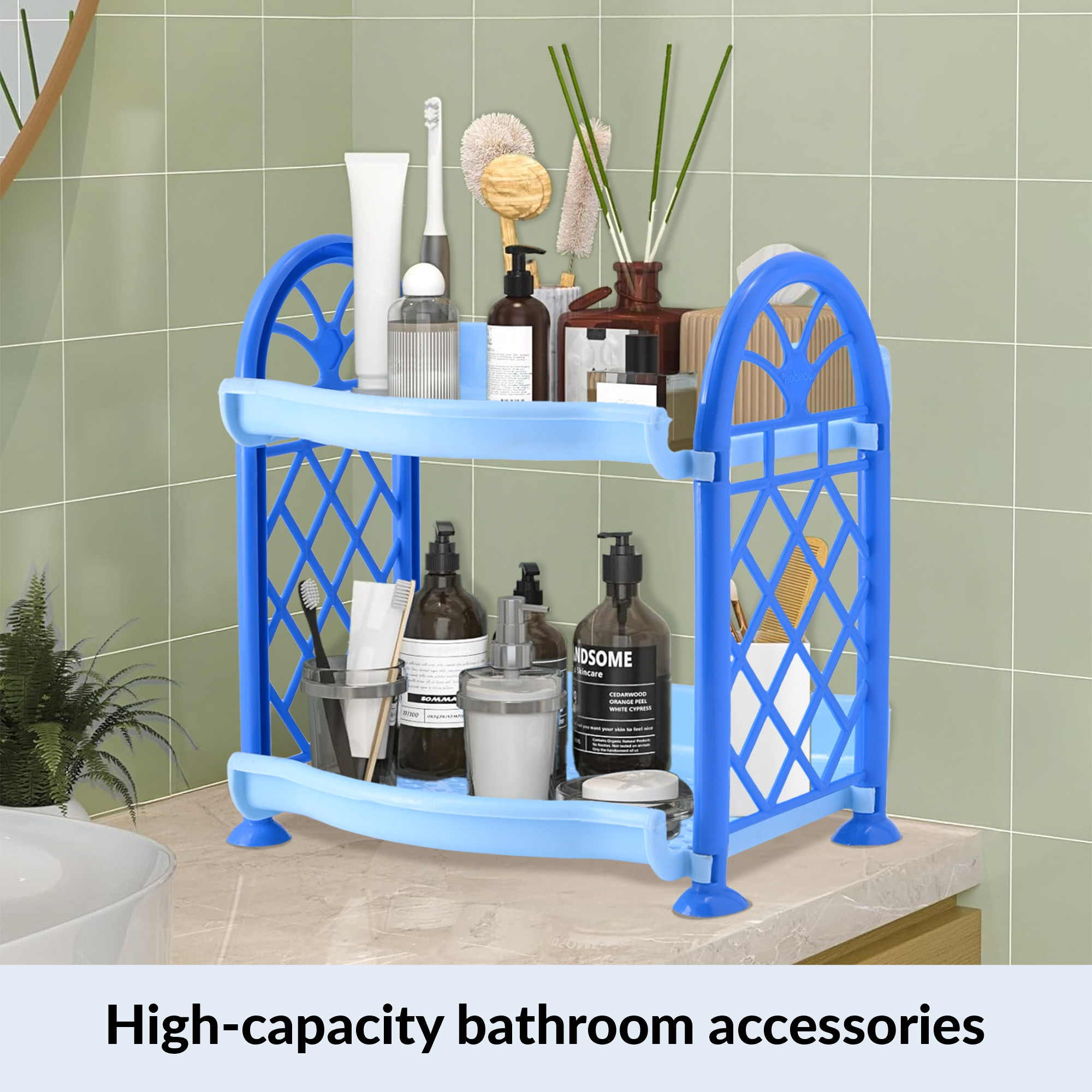 Kuber Industries 2 Tier Collapsible Plastic Racks for Storage  Vegetable Stand  Kitchen Accessories  Perfumes Small Rack for Storage  Home  Store Room Organizer Rack  Blue