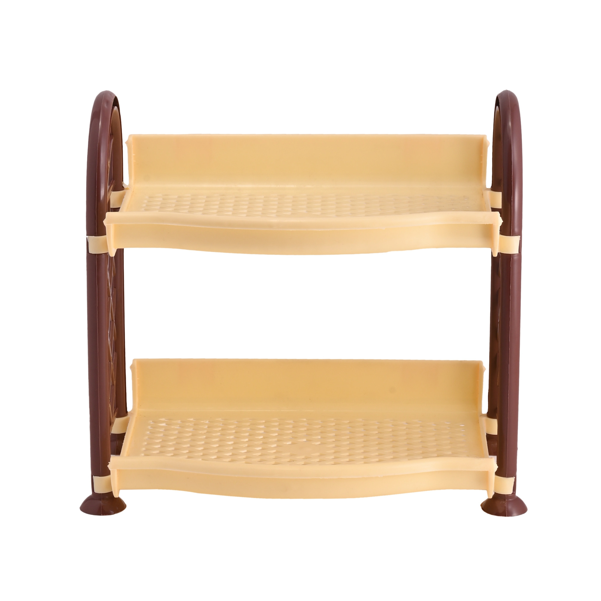 Kuber Industries 2 Tier Collapsible Plastic Racks for Storage  Vegetable Stand  Kitchen Accessories  Perfumes Small Rack for Storage  Home  Store Room Organizer Rack  Cream  Brown
