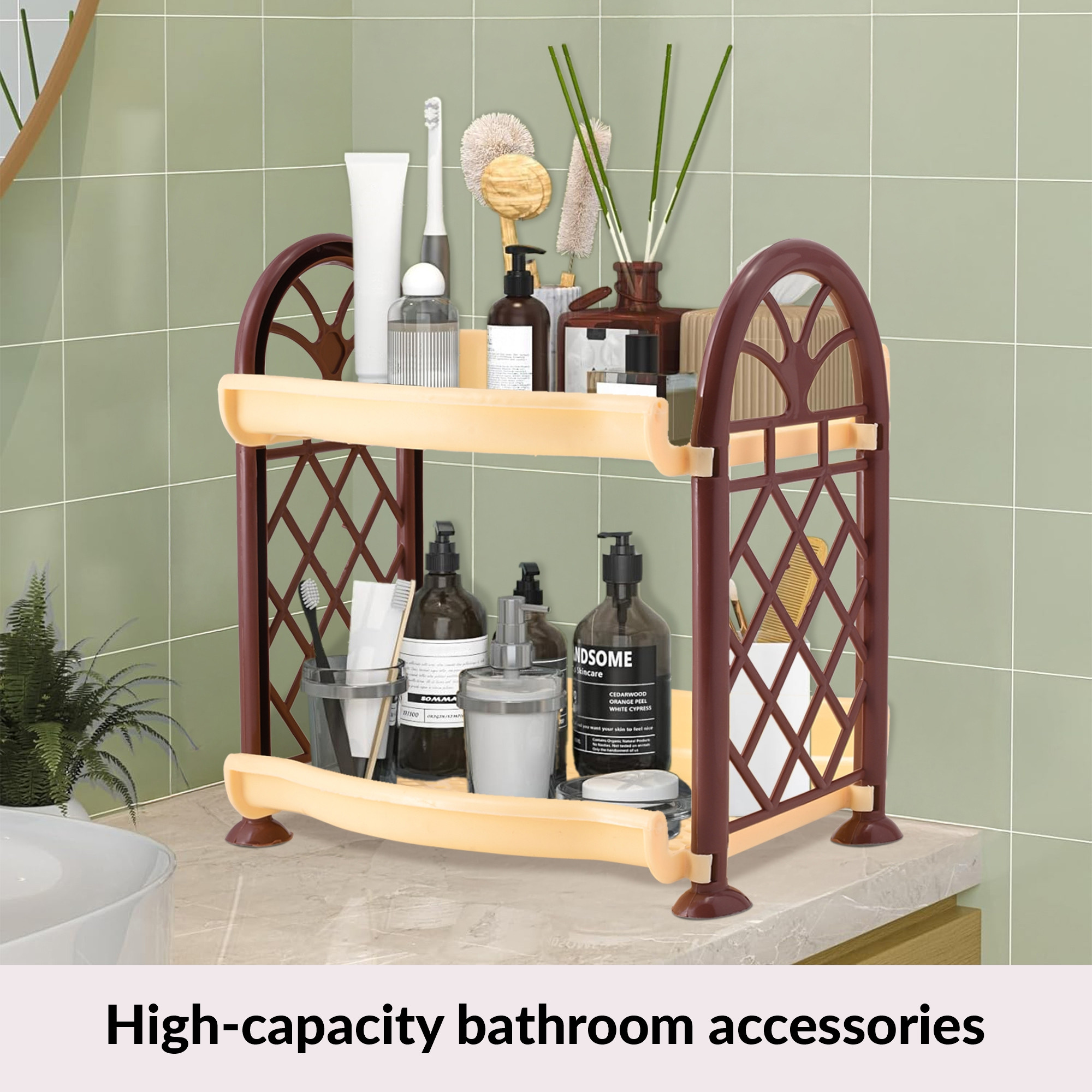 Kuber Industries 2 Tier Collapsible Plastic Racks for Storage  Vegetable Stand  Kitchen Accessories  Perfumes Small Rack for Storage  Home  Store Room Organizer Rack  Cream  Brown