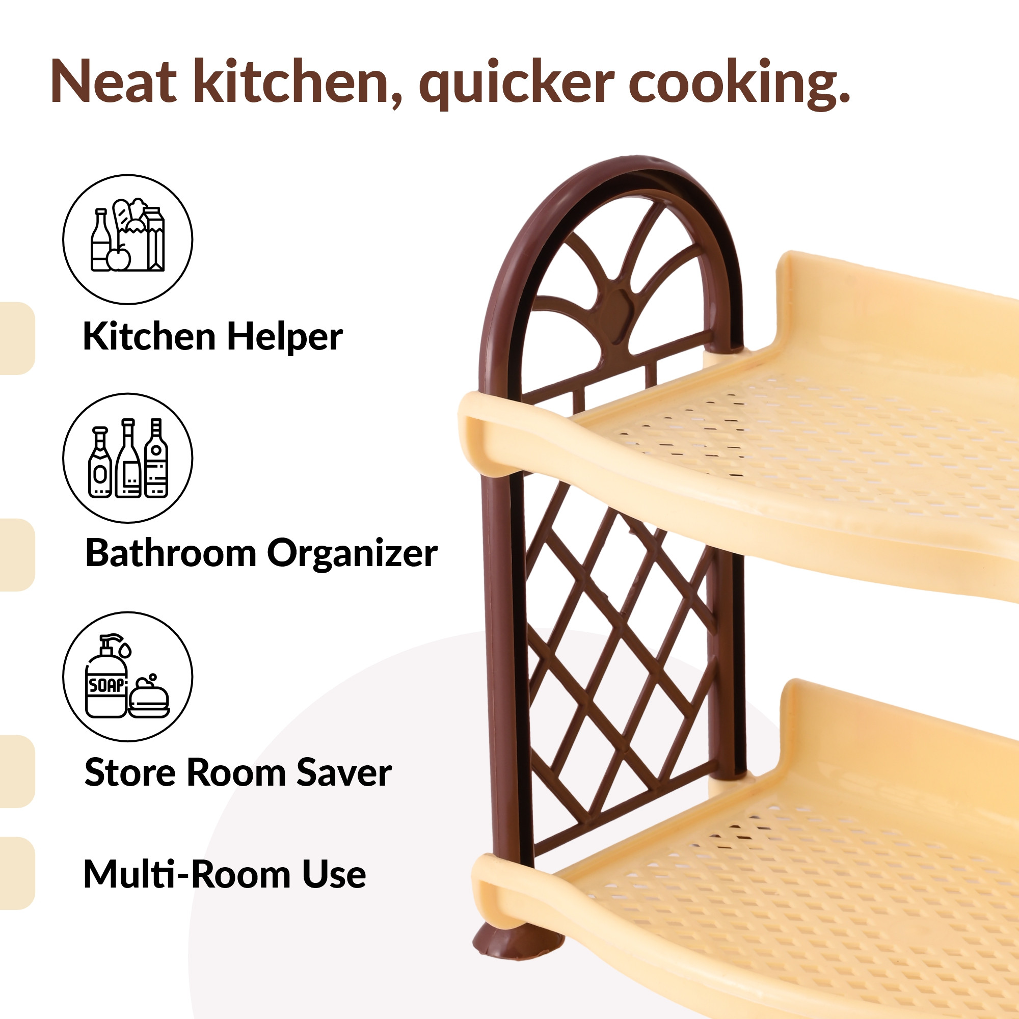 Kuber Industries 2 Tier Collapsible Plastic Racks for Storage  Vegetable Stand  Kitchen Accessories  Perfumes Small Rack for Storage  Home  Store Room Organizer Rack  Cream  Brown