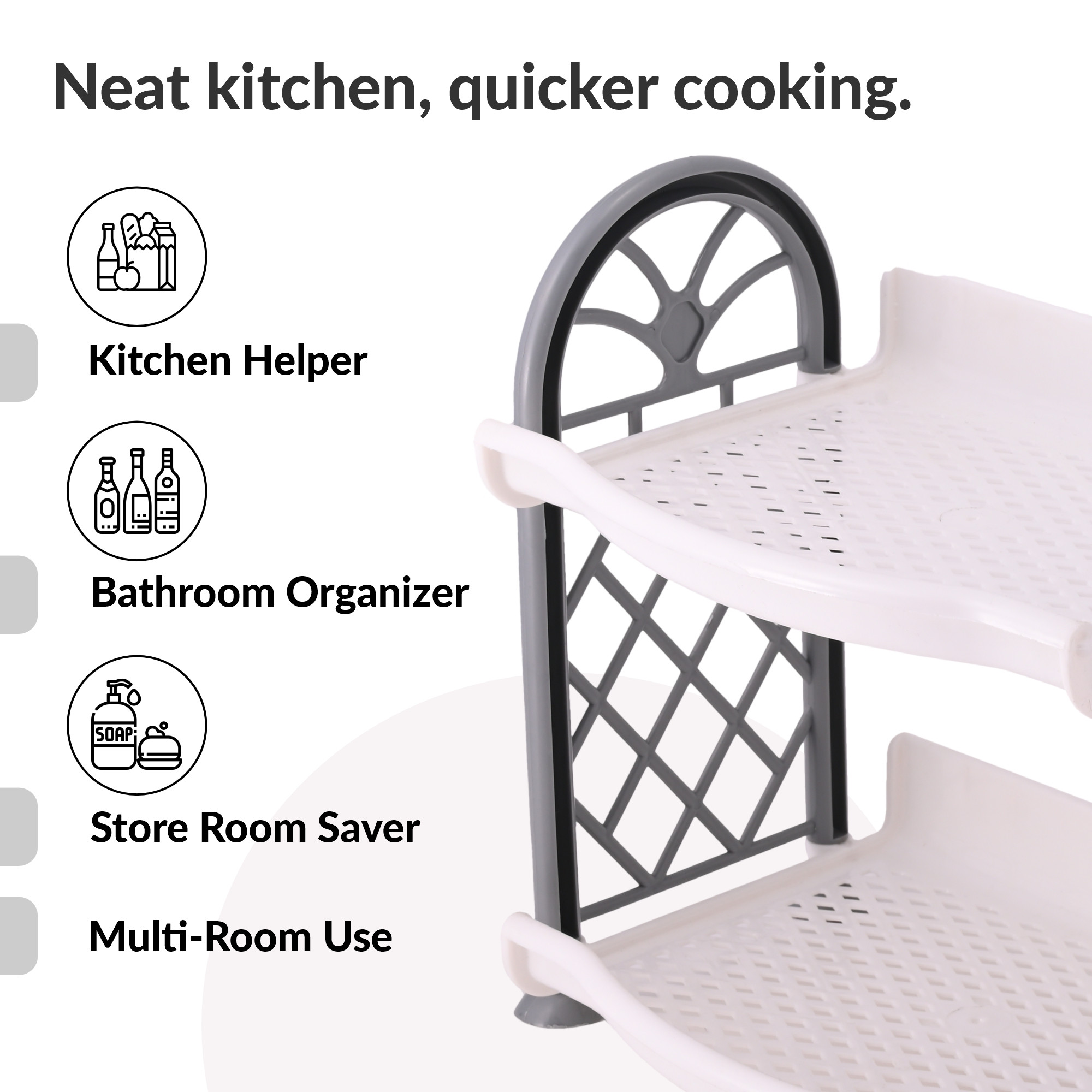 Kuber Industries 2 Tier Collapsible Plastic Racks for Storage  Vegetable Stand  Kitchen Accessories  Perfumes Small Rack for Storage  Home  Store Room Organizer Rack  White  Grey