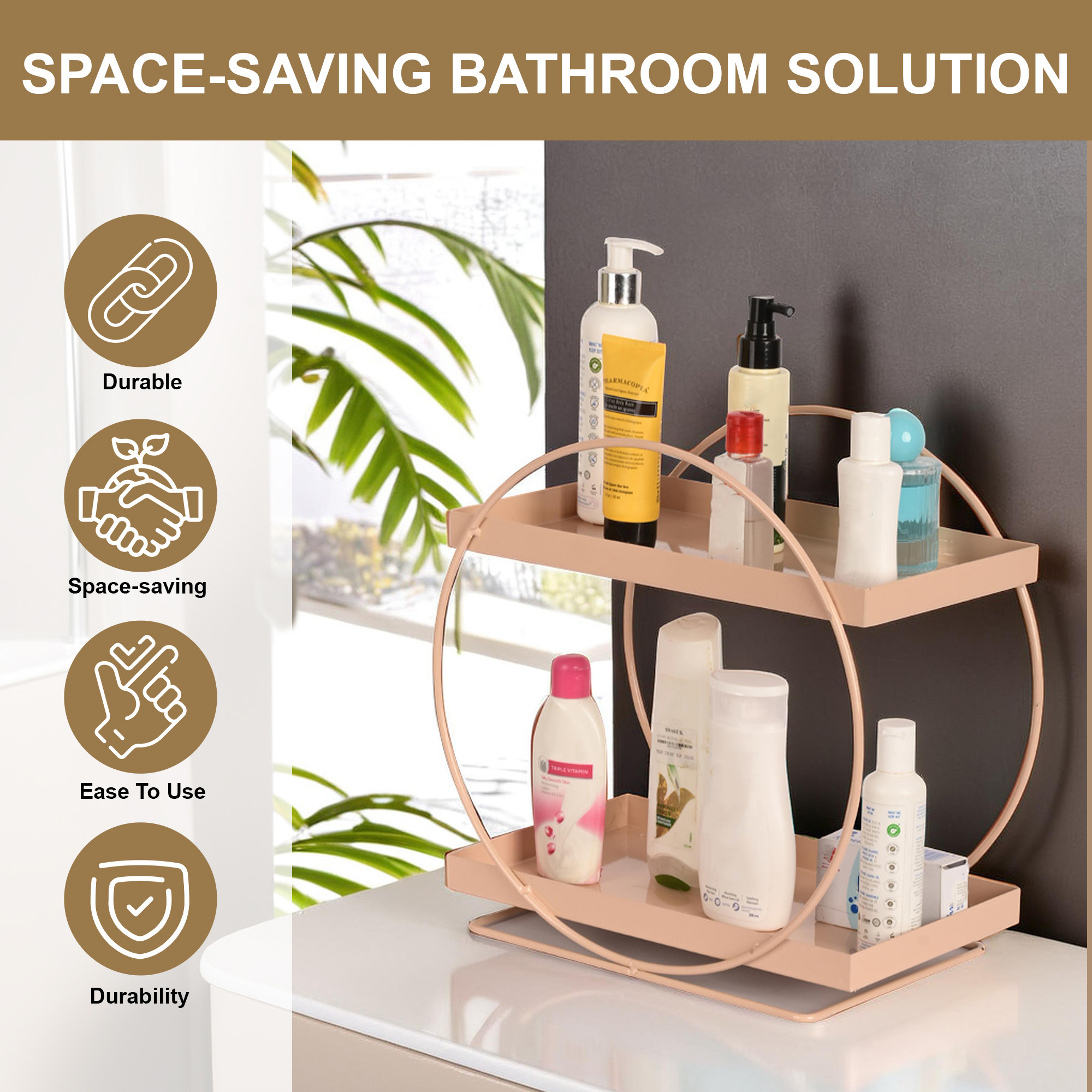 Kuber Industries 2-Tier Multi-Use Metal Bathroom Organiser Stand for Makeup  Toiletries  Space-Saving Kitchen Rack Stand  Kitchen Counter Top Organizer for Spices  Oils  Peach