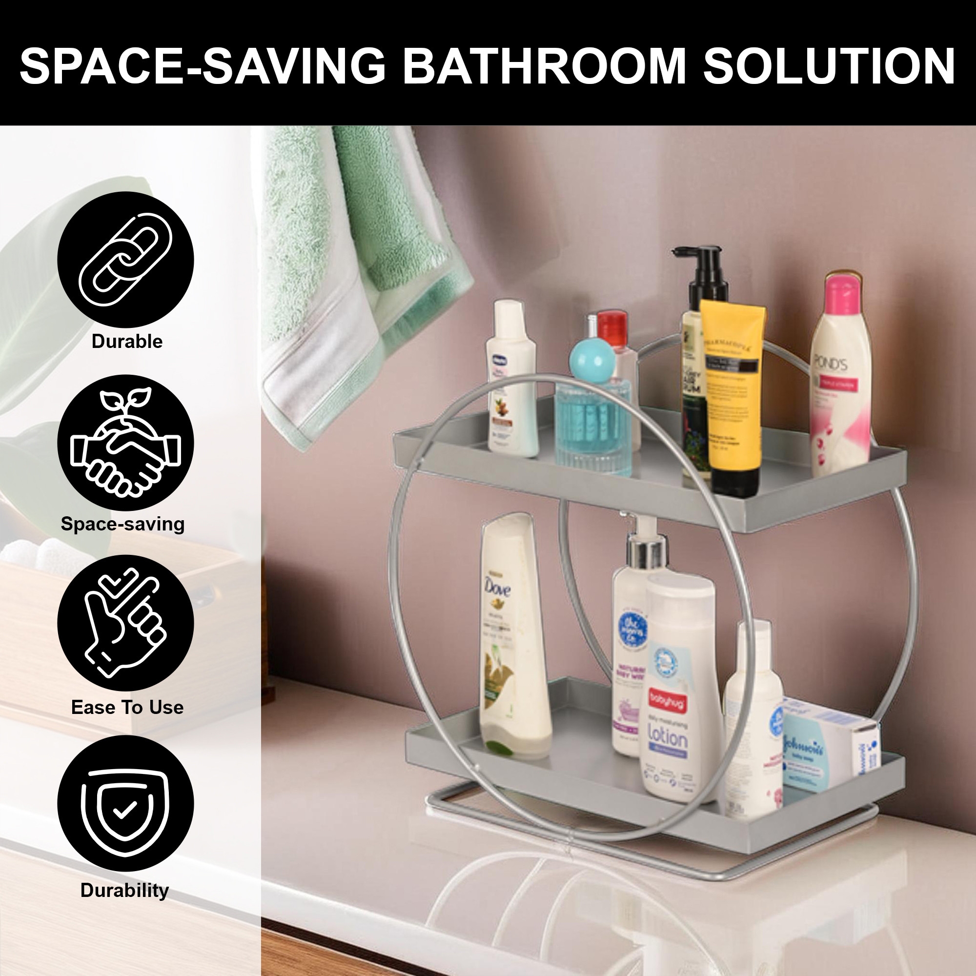 Kuber Industries 2-Tier Multi-Use Metal Bathroom Organiser Stand for Makeup  Toiletries  Space-Saving Kitchen Rack Stand  Kitchen Counter Top Organizer for Spices  Oils  Silver