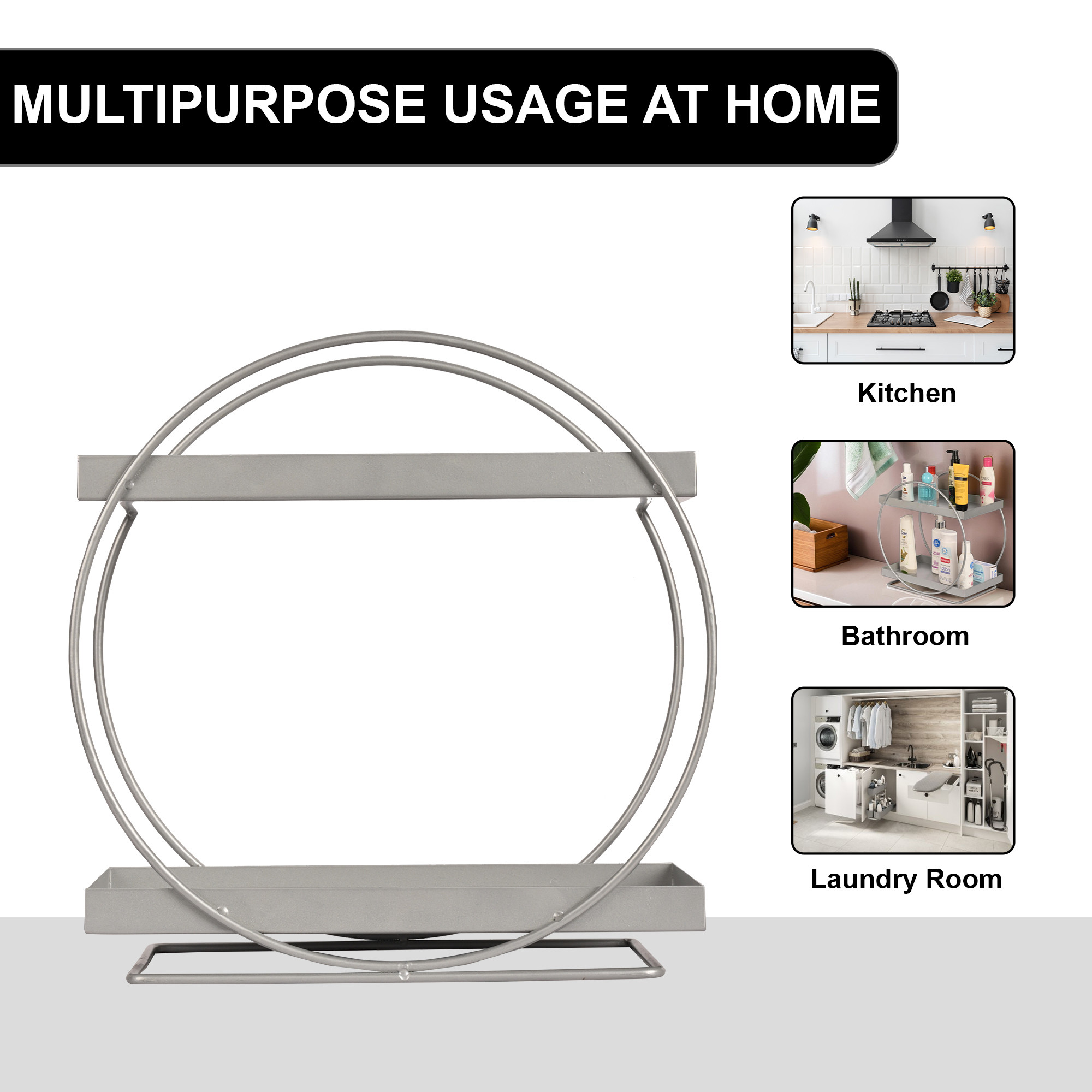 Kuber Industries 2-Tier Multi-Use Metal Bathroom Organiser Stand for Makeup  Toiletries  Space-Saving Kitchen Rack Stand  Kitchen Counter Top Organizer for Spices  Oils  Silver