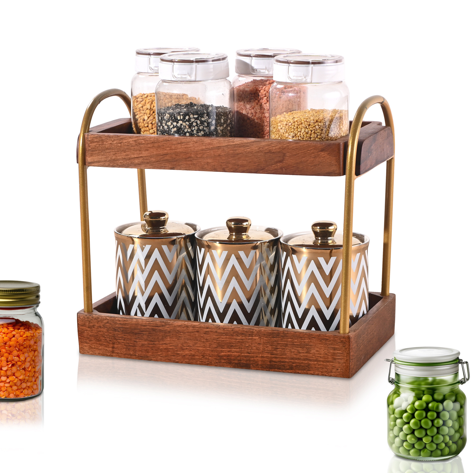 Kuber Industries 2-Tier Wooden Kitchen Countertop Organizer  Multipurpose Storage Jars Pot Grocery Rack for Bathroom Office Living Room  Brown