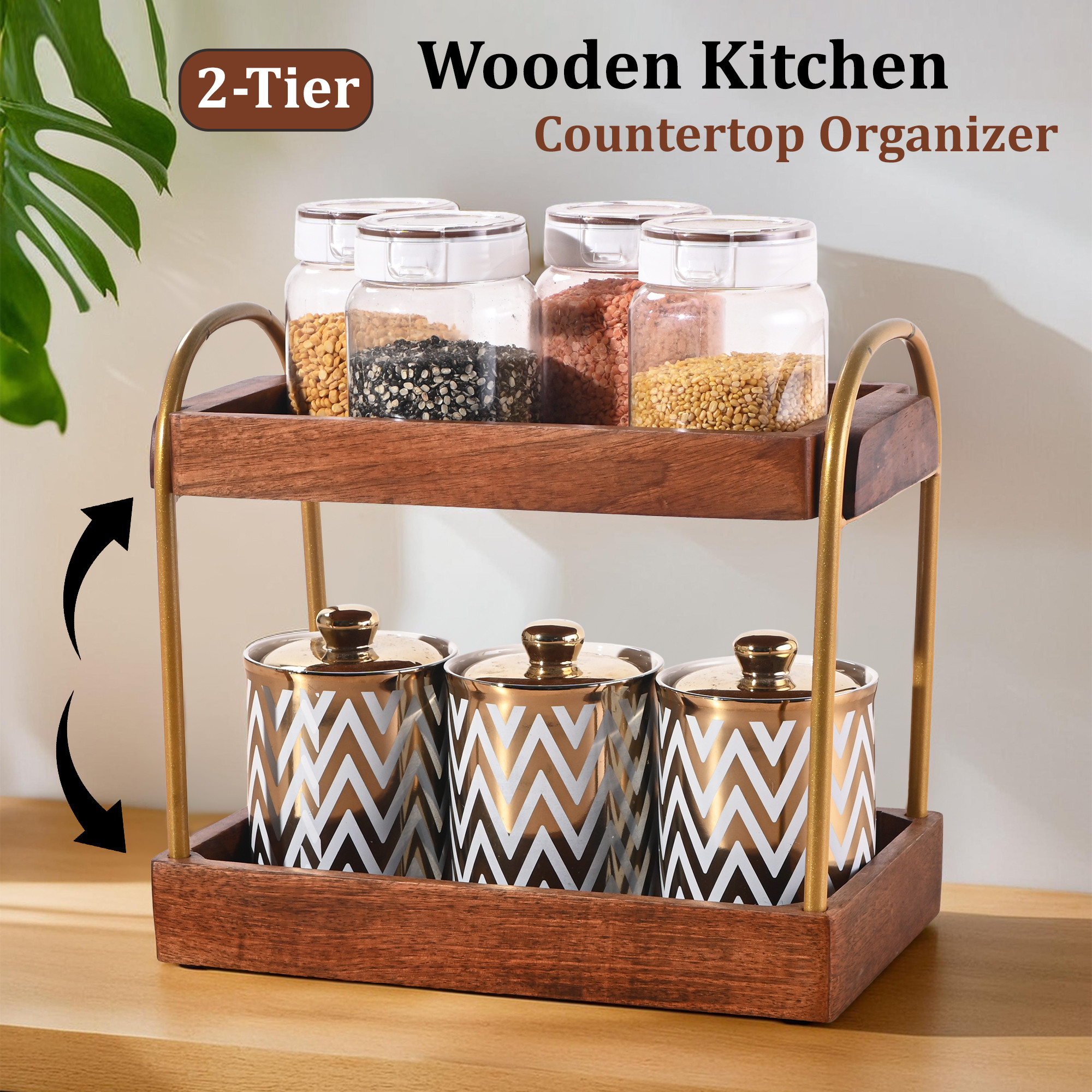Kuber Industries 2-Tier Wooden Kitchen Countertop Organizer  Multipurpose Storage Jars Pot Grocery Rack for Bathroom Office Living Room  Brown