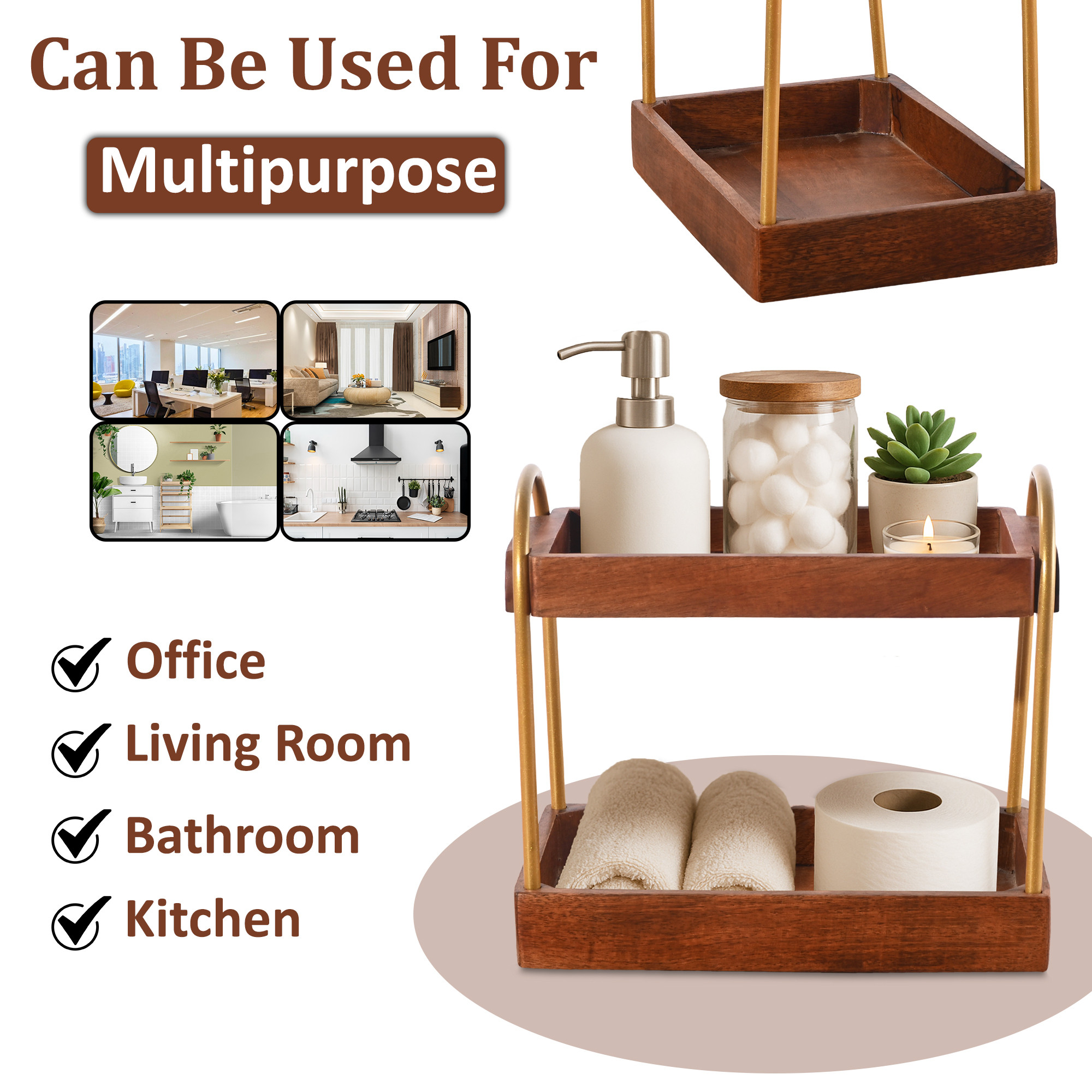 Kuber Industries 2-Tier Wooden Kitchen Countertop Organizer  Multipurpose Storage Jars Pot Grocery Rack for Bathroom Office Living Room  Brown