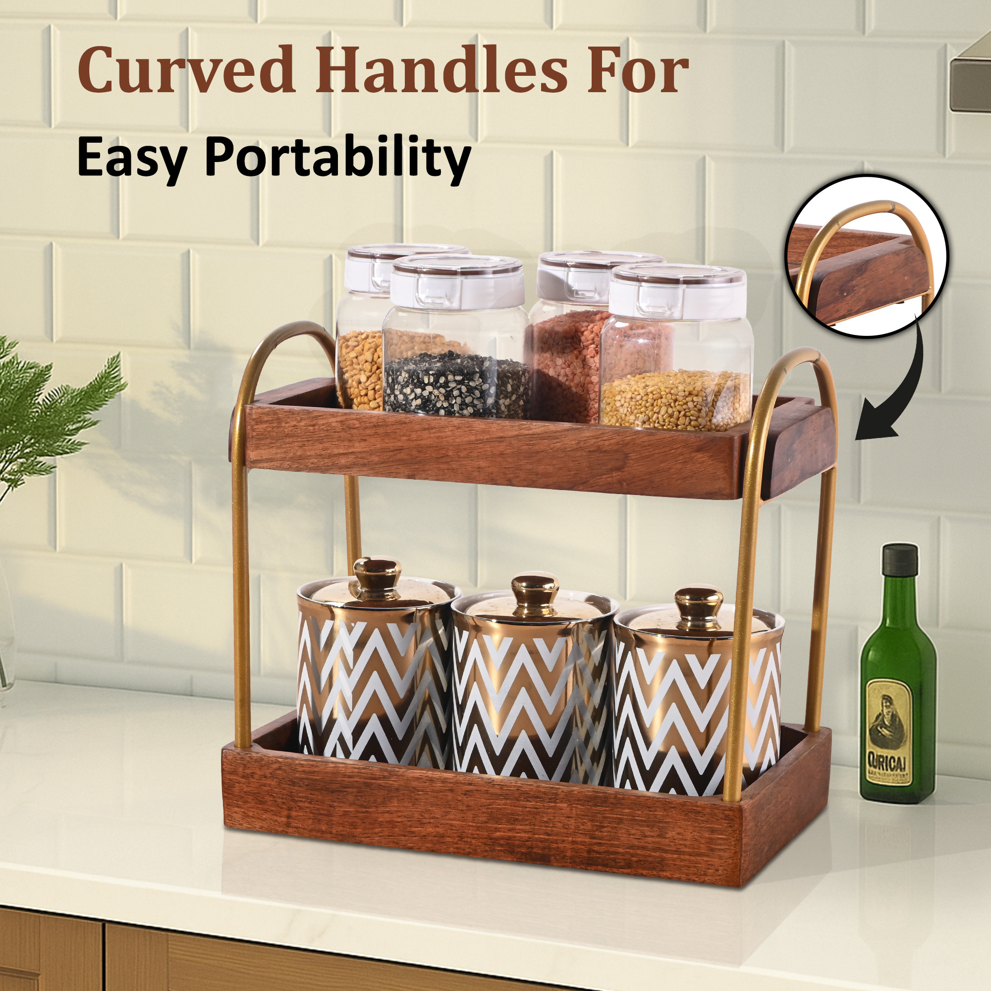 Kuber Industries 2-Tier Wooden Kitchen Countertop Organizer  Multipurpose Storage Jars Pot Grocery Rack for Bathroom Office Living Room  Brown