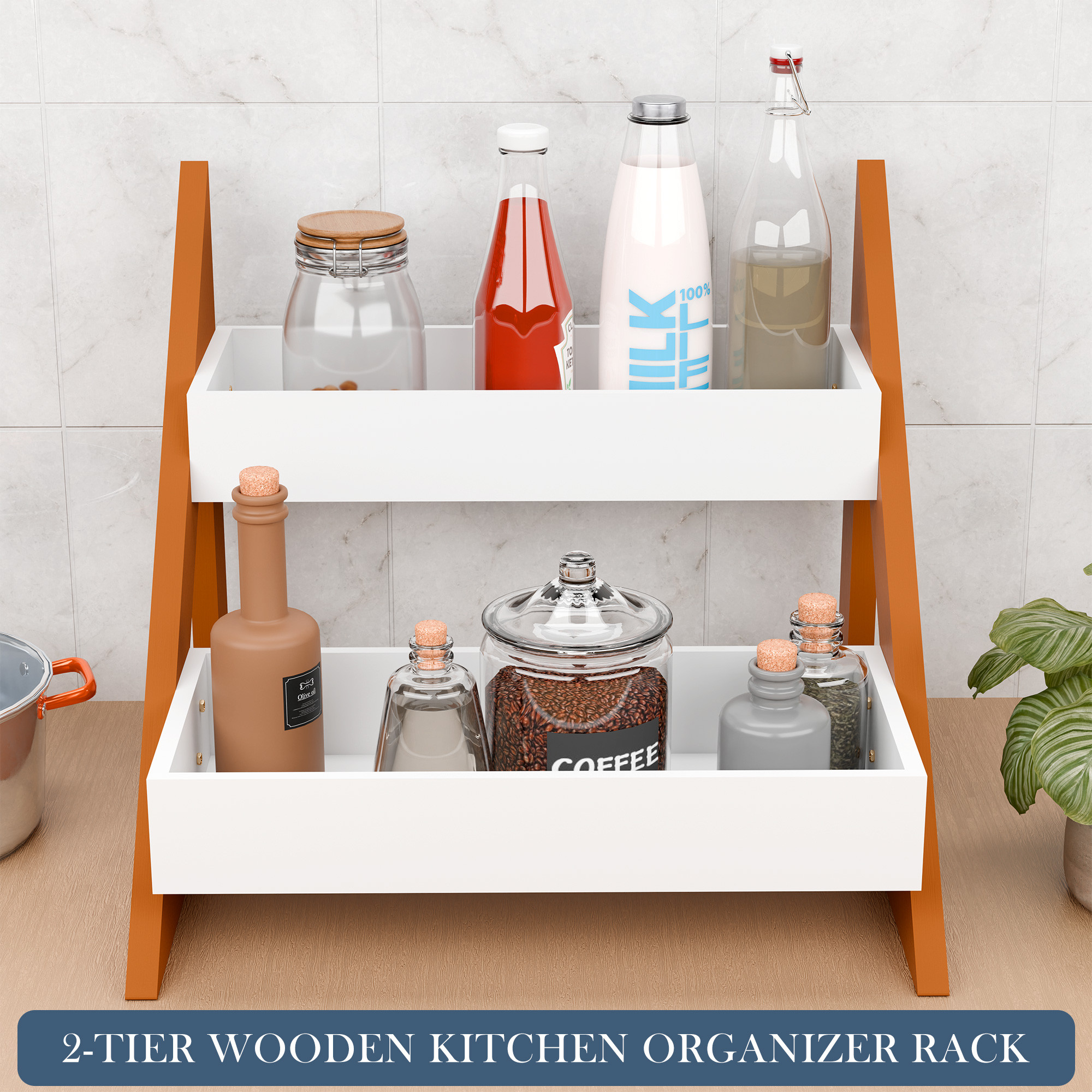 Kuber Industries 2-Tier Wooden Triangular Spice Rack for Kitchen Countertop Organizer  Multipurpose Jars Bottle Holder  Home Decor Item  Standing Shelf Aesthetic Pot Stand  White