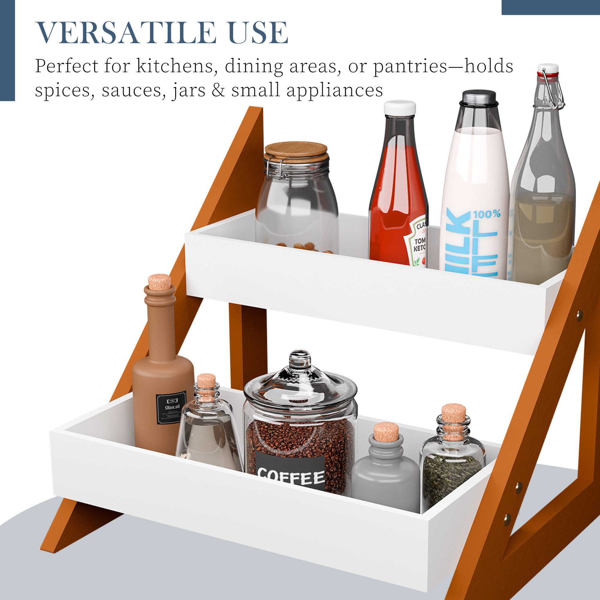 Kuber Industries 2-Tier Wooden Triangular Spice Rack for Kitchen Countertop Organizer  Multipurpose Jars Bottle Holder  Home Decor Item  Standing Shelf Aesthetic Pot Stand  White