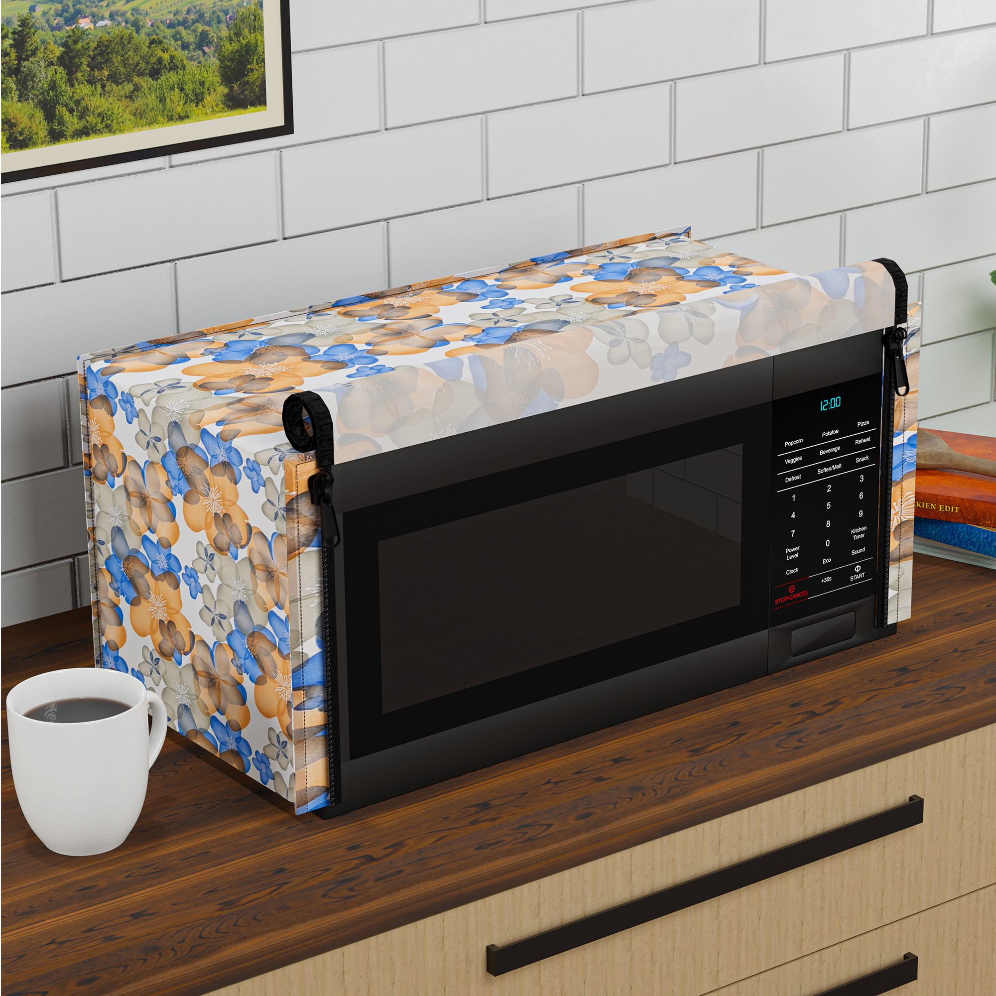 Kuber Industries 20L PVC Dustproof  Spill Resistant Microwave Cover with Ventillation Mesh  Durable Convection  Oven OTG CoversAccessories for Home Decor  Multi Floral-WhiteBlue