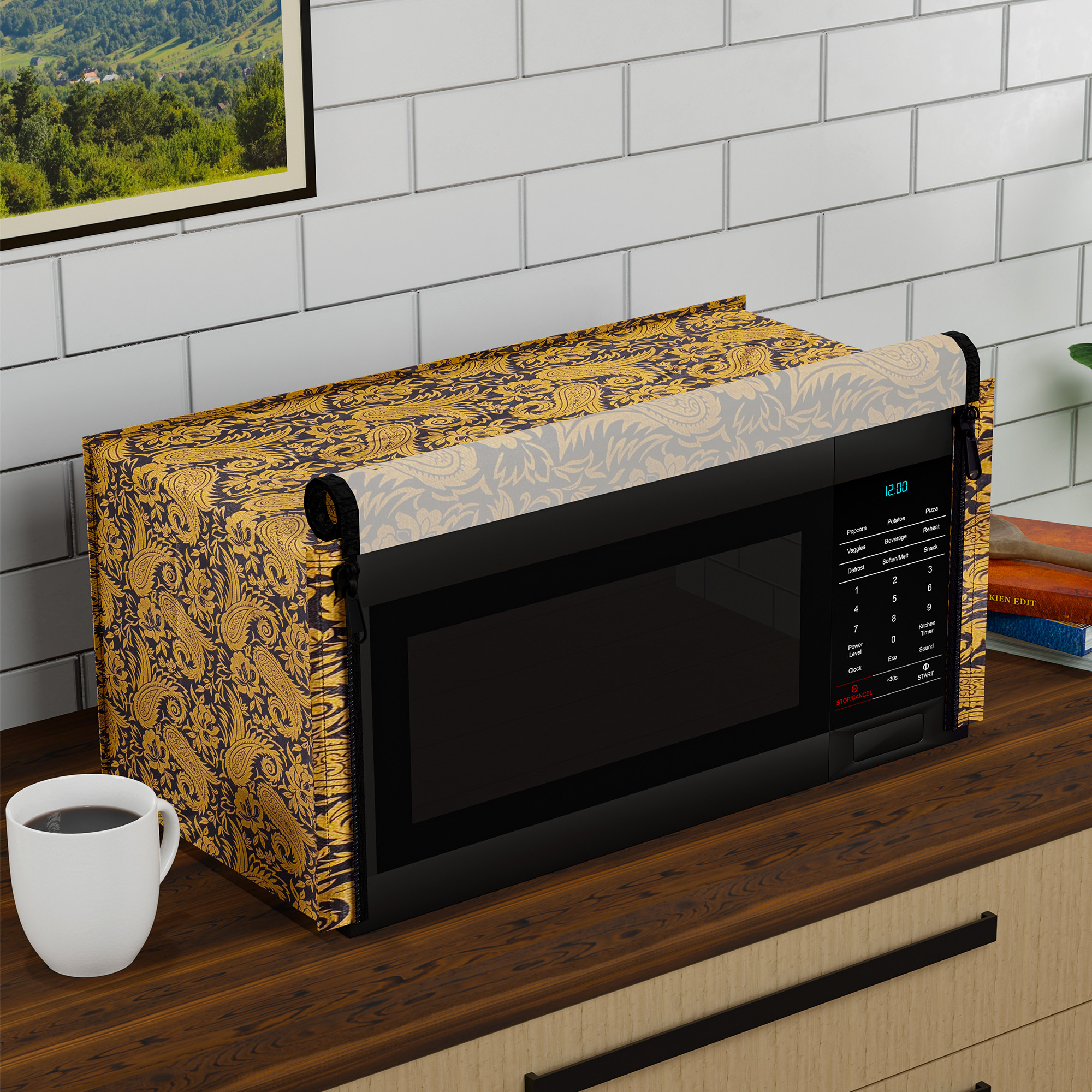 Kuber Industries 20L PVC Dustproof  Spill Resistant Microwave Cover with Ventillation Mesh  Durable Convection  Oven OTG CoversAccessories for Home Decor  Multi Floral-BlackGolden