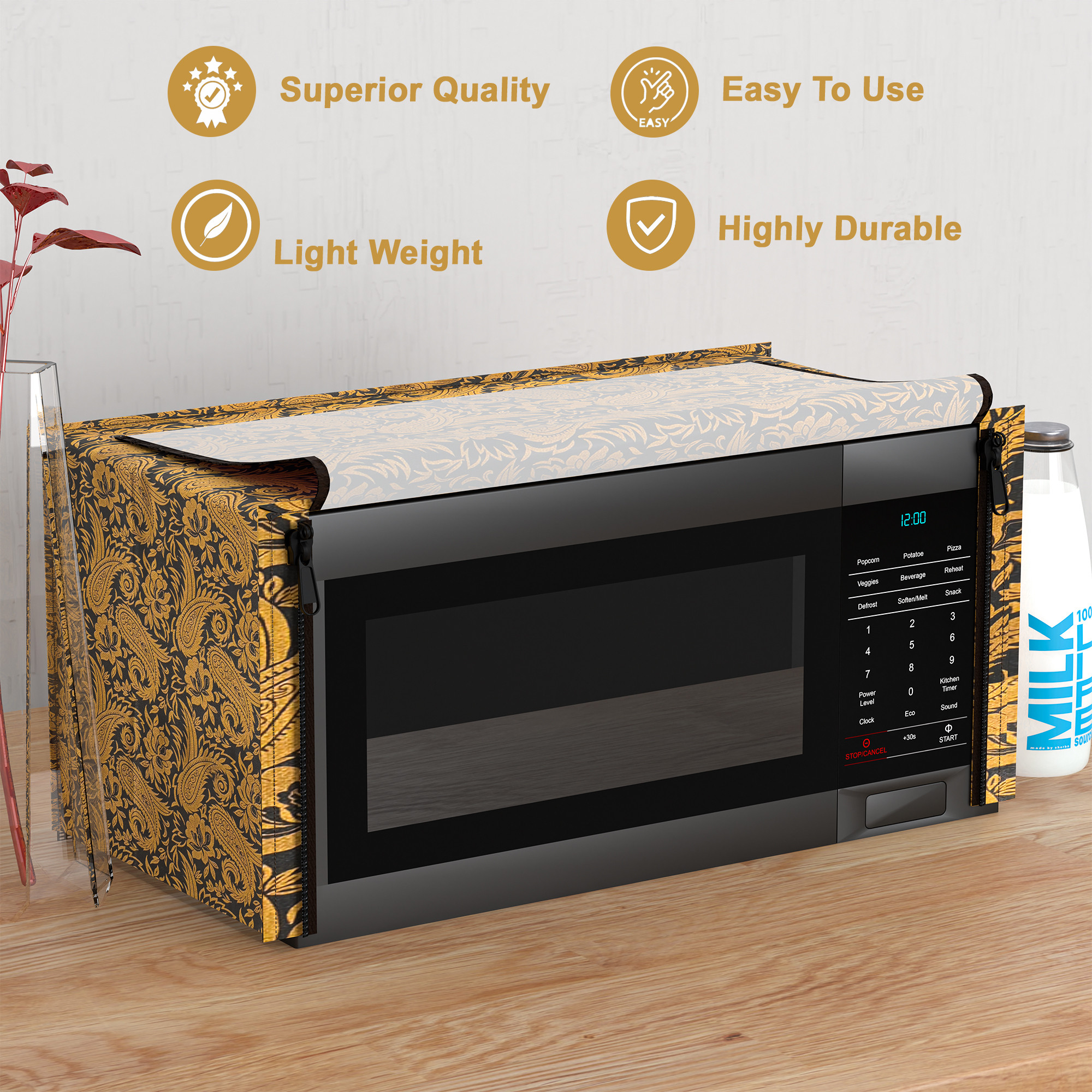 Kuber Industries 20L PVC Dustproof  Spill Resistant Microwave Cover with Ventillation Mesh  Durable Convection  Oven OTG CoversAccessories for Home Decor  Multi Floral-BlackGolden