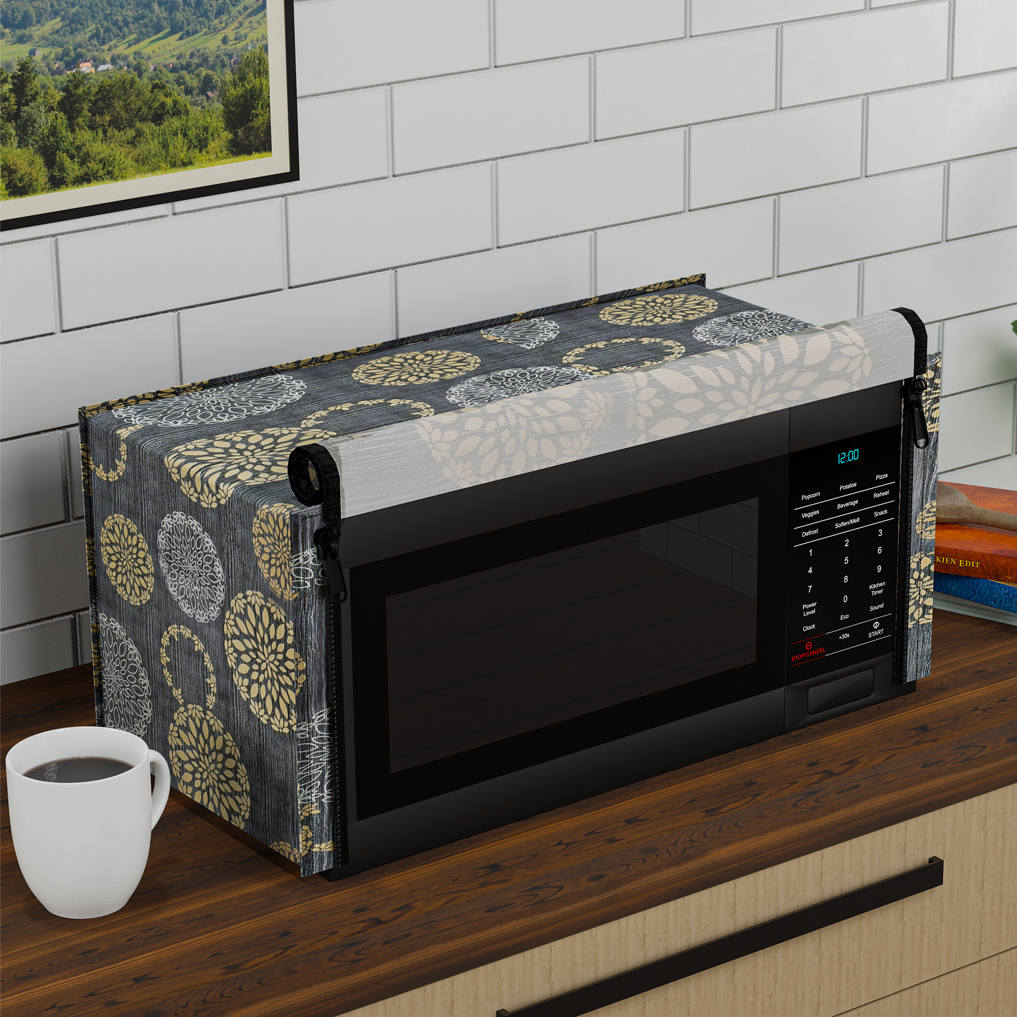 Kuber Industries 20L PVC Dustproof  Spill Resistant Microwave Cover with Ventillation Mesh  Durable Convection  Oven OTG CoversAccessories for Home Decor  Multi Floral-BlackSilver